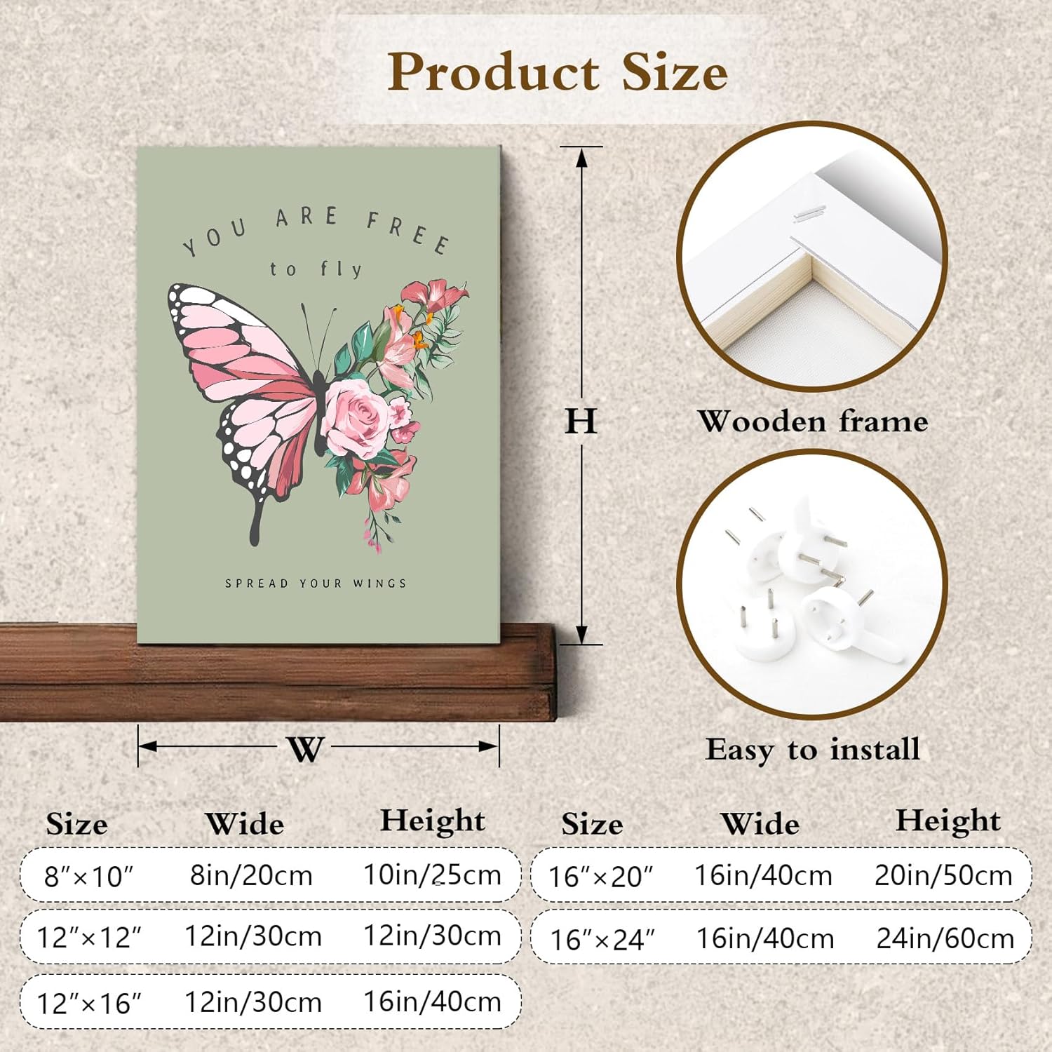 HVEST Butterfly Canvas Wall Art Print Pink Butterfly with Floral Bathroom Wall Art, Modern Abstract Wall Decor for Living Room Bedroom Home Kitchen Office, 20L x 16W Inches