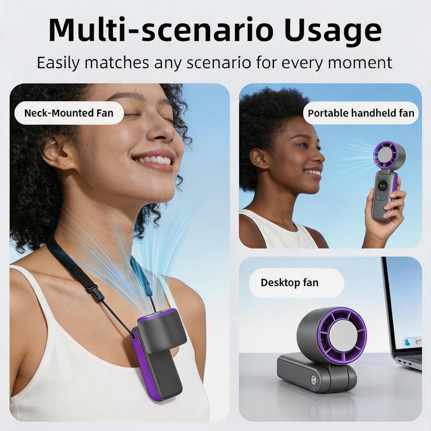 Portable Handheld Turbo Mini Fan with Semiconductor Cooling - 6000mAh Rechargeable 3-in-1 Fans (Hand/Neck/Desk),199 Speed/5 Gear Modes,LED Display Quiet Fan for Outdoor Travel Beach Home (Purple）