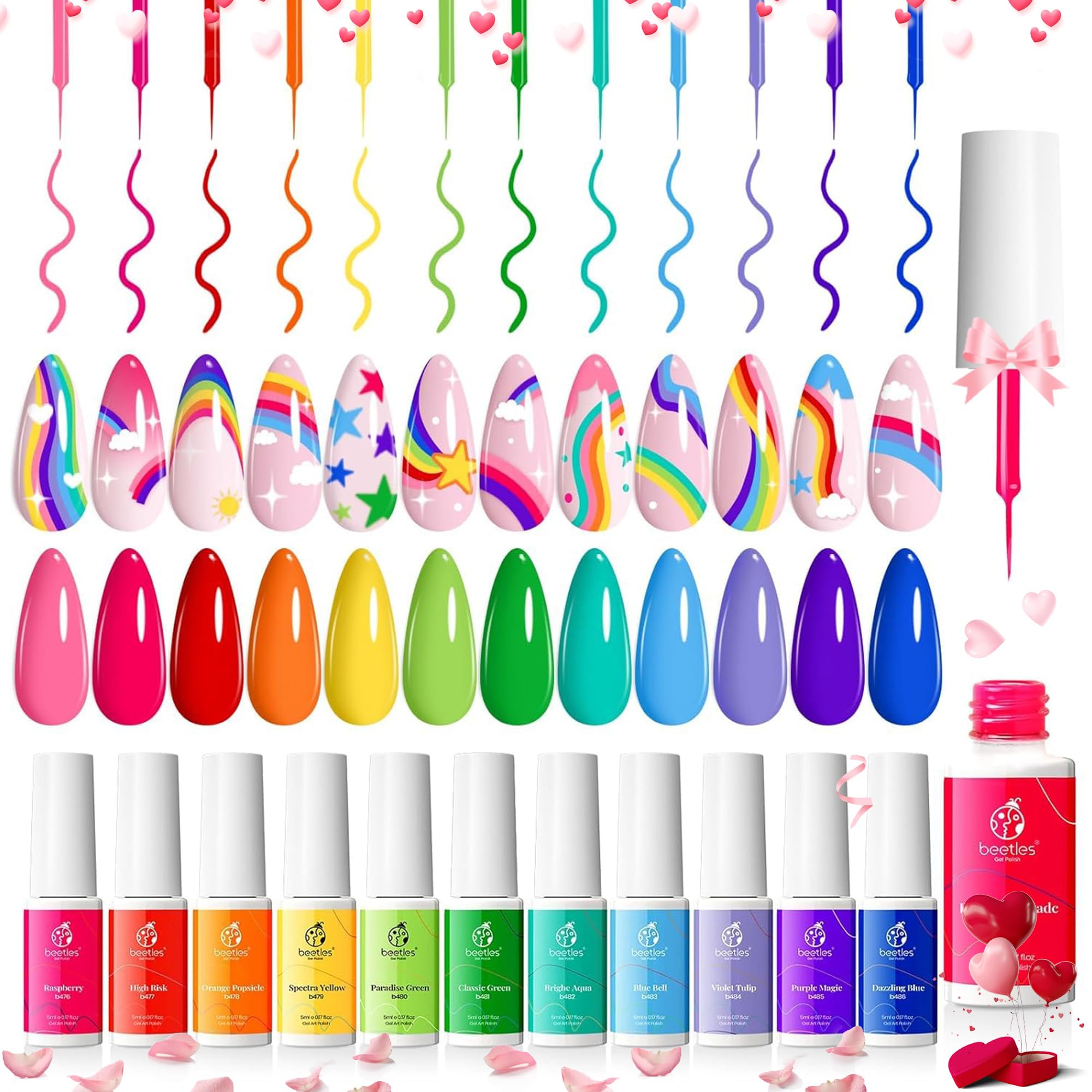 Beetles Rainbow Gel Liner Nail Art Set 12 Colors Neon Gel Nail Polish Pink Orange Blue Yellow French Tip Nails Built Thin Nails Art Brush in Bottle Soak Off Uv Lamp Manicure Salon Gifts for Women