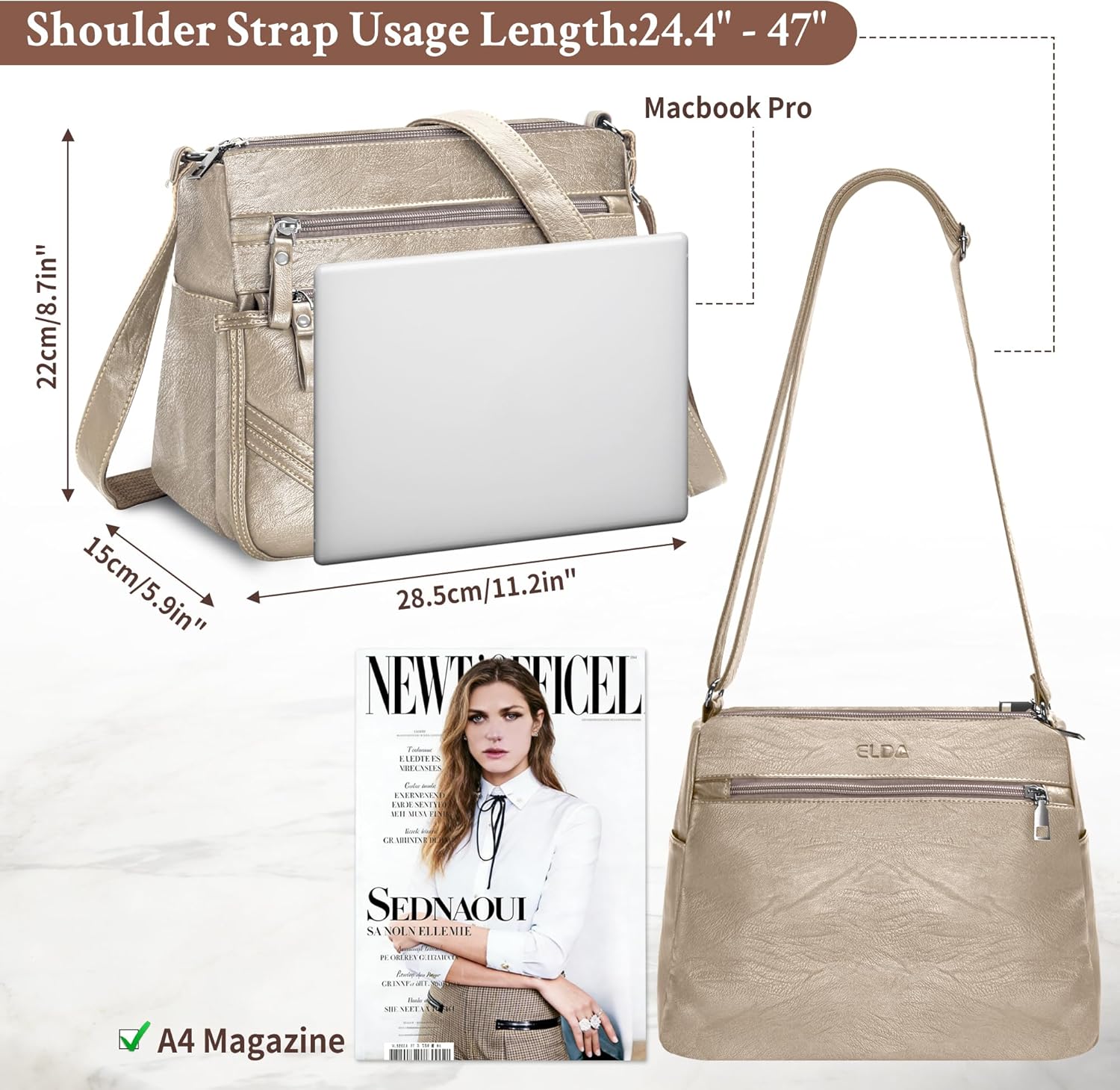 ELDA Crossbody Bags For Women Pocketbooks Soft PU Leather Purses and Handbags Multi Pocket Shoulder Bag - Image 6