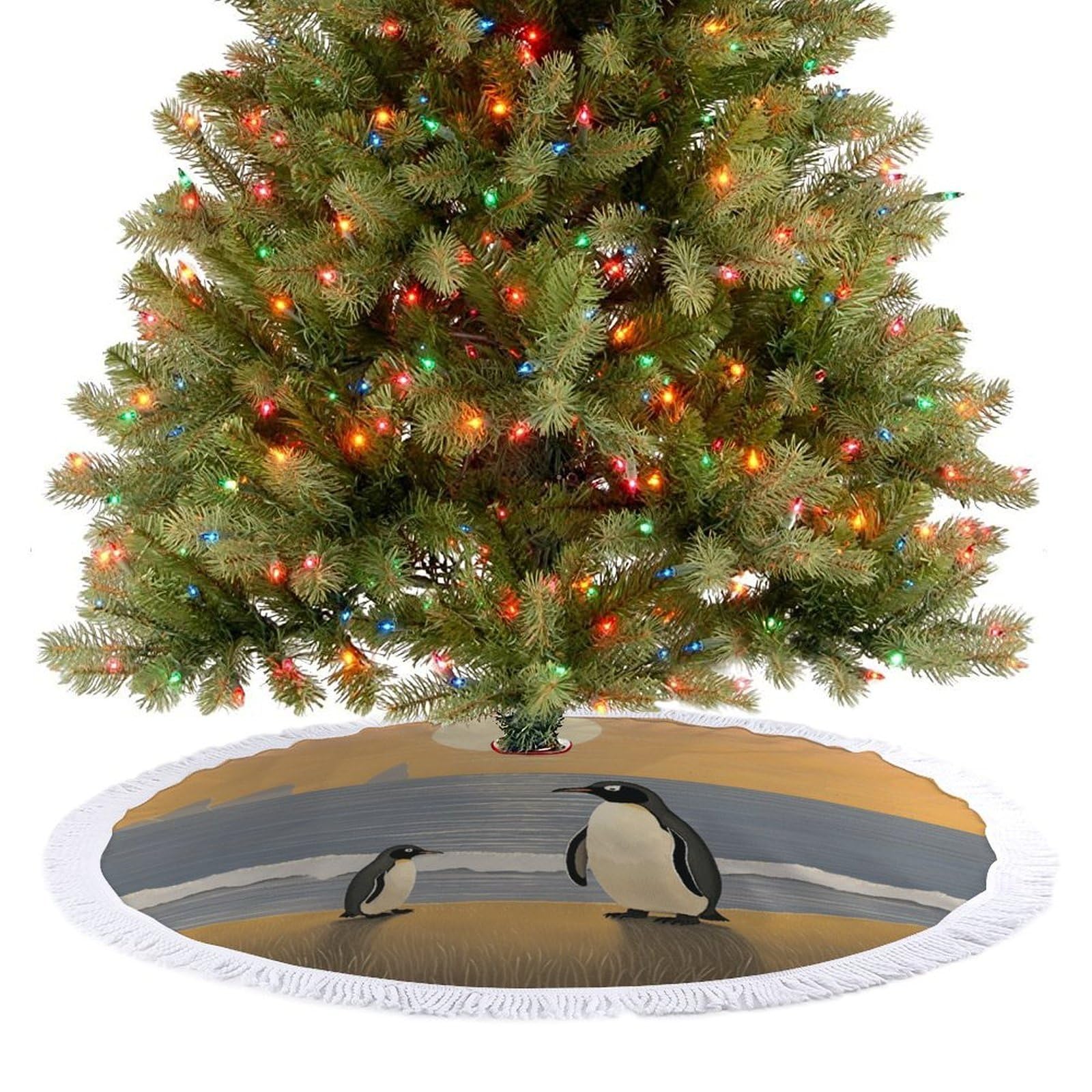 Two Penguins Pictures Christmas Tree Skirt 36"x36" Rustic Xmas Tree Mat with Tassel Ornament Christmas Trees Cover Skirt Mat for Evergreen Trees Ornament Winter Holiday Mats Decorations