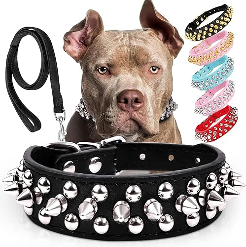 Miniatura 1 de Collar de perro de cuero con tachuelas Epesiri de cuero con tachuelas con correa collares de perro de cuero sintético con remaches para Pit Bull