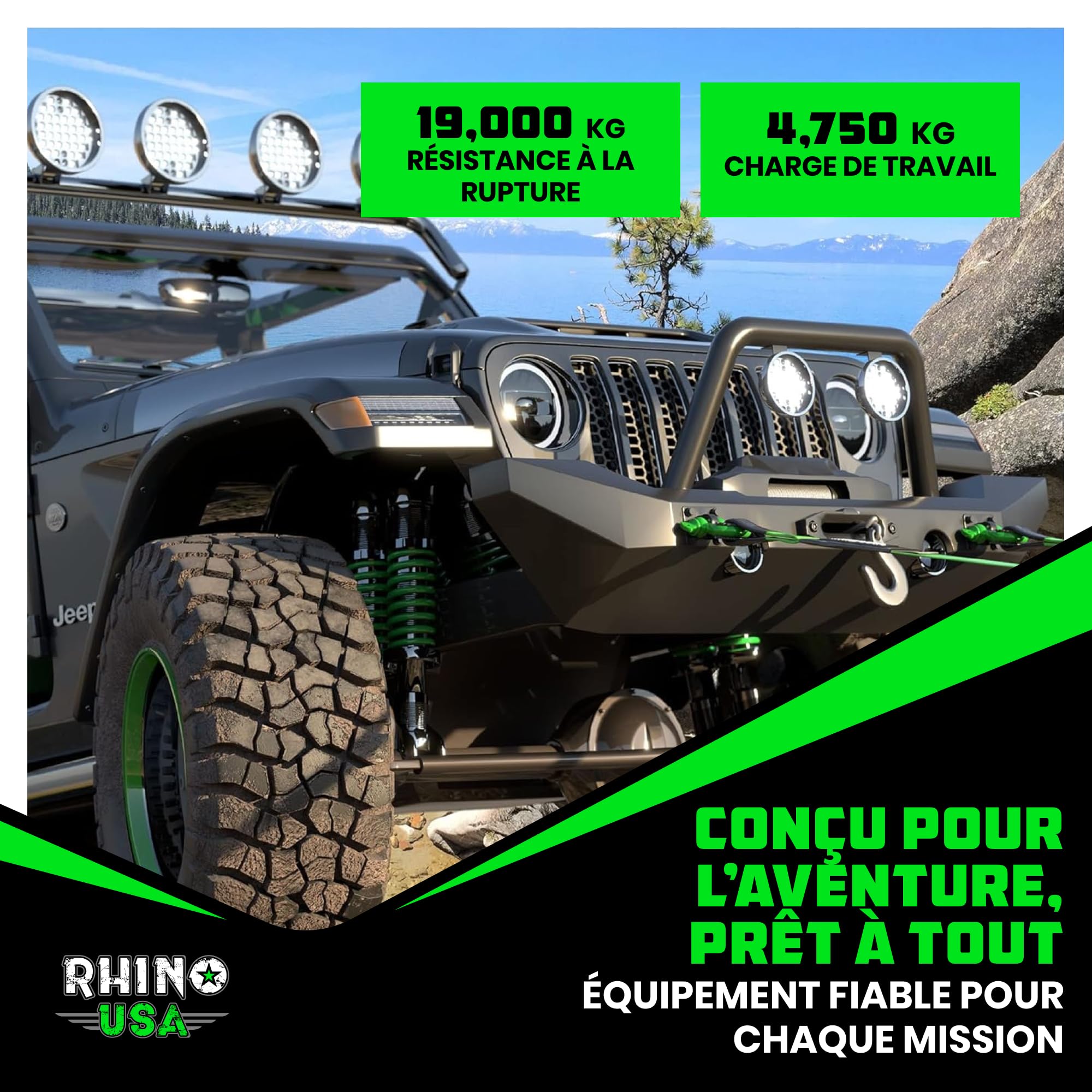 Rhino USA Écrous à D-Ring (2 pièces) Résistance à la Rupture 18,983kg - Manille Montage 1,9cm avec pin 2,2cm - pour Remorquage Utilisation 4X4 avec Sangle Remorquage pour Récupération Véhicule (Vert)