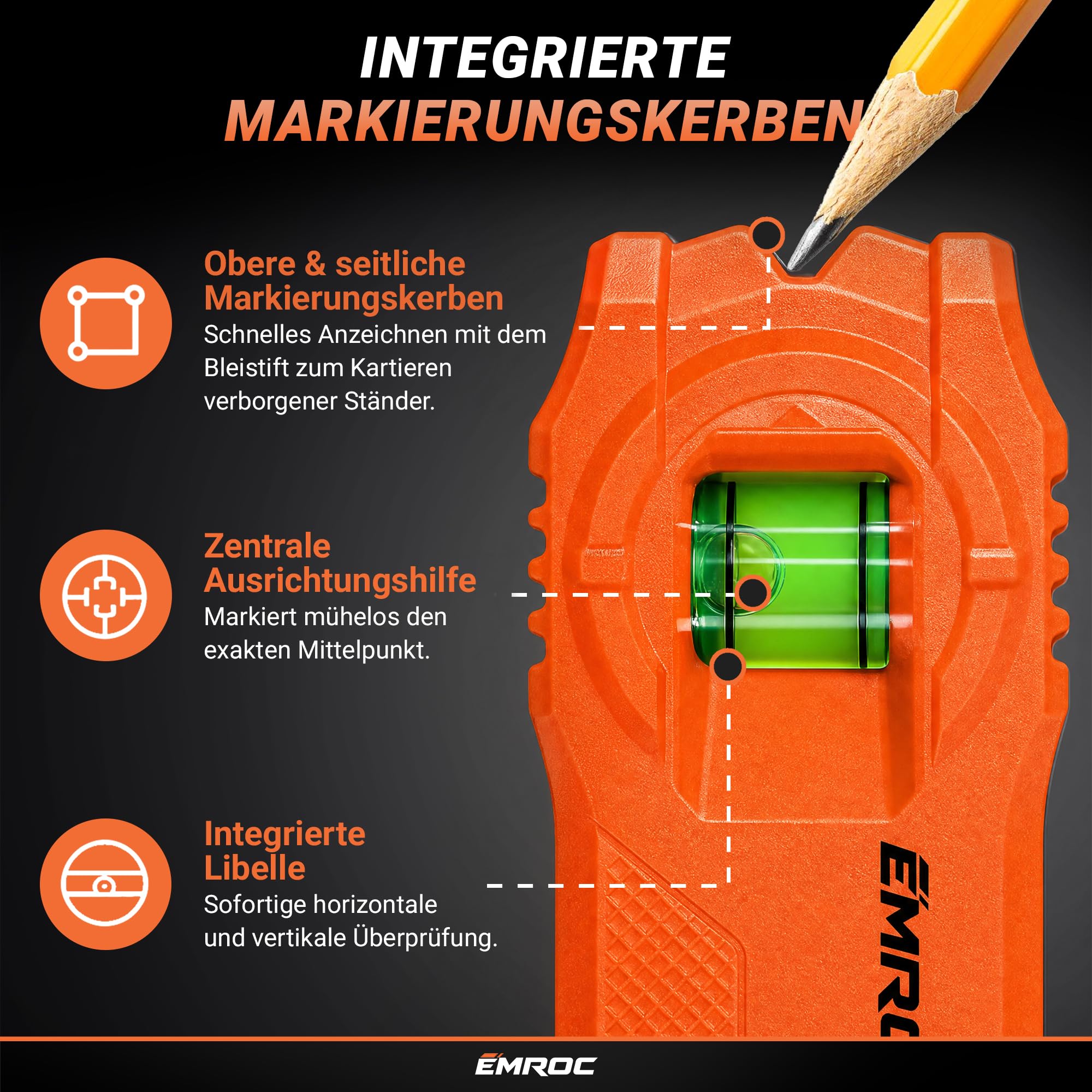 Stud Finder Magnet EMR-M11 - Balkensucher Neodym Trockenbau Rigips | Ohne Batterien | Mit Wasserwaage | Schrauben in Wand finden | Heimwerker & Profis | Französische Marke