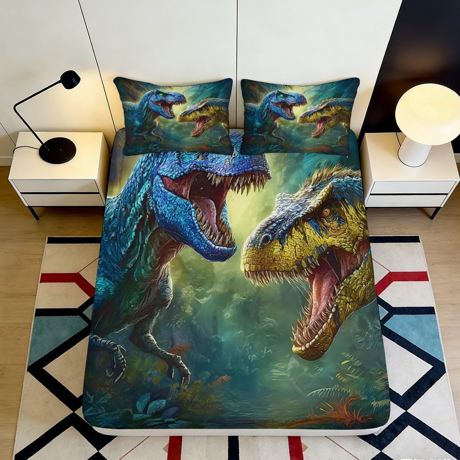 3D Printed Blue Dinosaur Fitted Sheet Microfiber Soft Breathable Yellow T-Rex Mattress Cover for Bedroom Decor 180x200x25cm