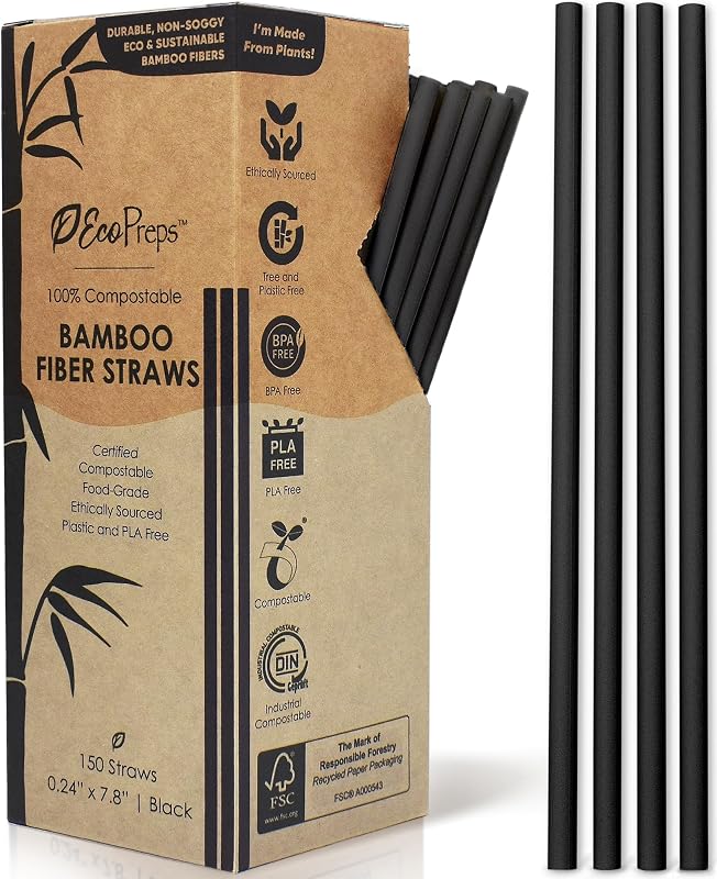Black Biodegradable Bamboo Fiber Disposable Straws, 150 PCS, 7.8" | 100% Compostable, Plastic-Free, Eco-Friendly Drinking Straw | Plant Fiber Straws, Compostable Black Straw for Cocktails, Bars