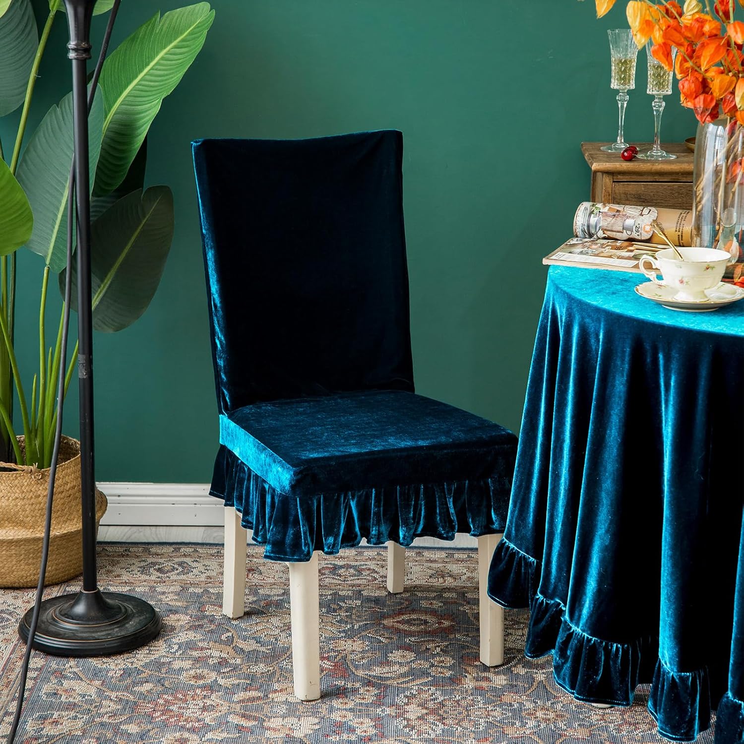 Velvet Chair Covers Set of 2 Retro Ruffle Flounces Trim Soft Decorative Luxurious Solid Malachite Green Farmhouse Vintage Washable Soft Stretch Dining Seat Slipcover Removable Parsons Chair Protector