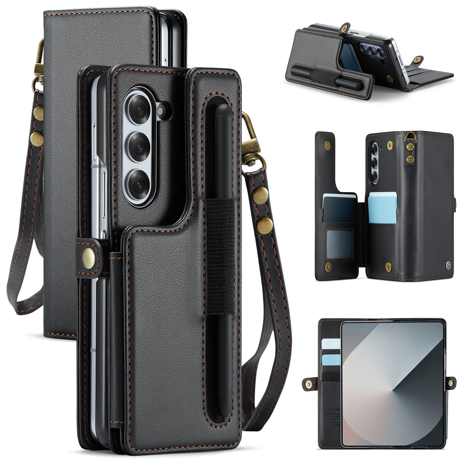 HAII for Samsung Galaxy Z Fold 6 Case, Women Men Multi-Function Wallet Case with Stand RFID Blocking Featuring Magnetic Closure Flip Strap Card Holder