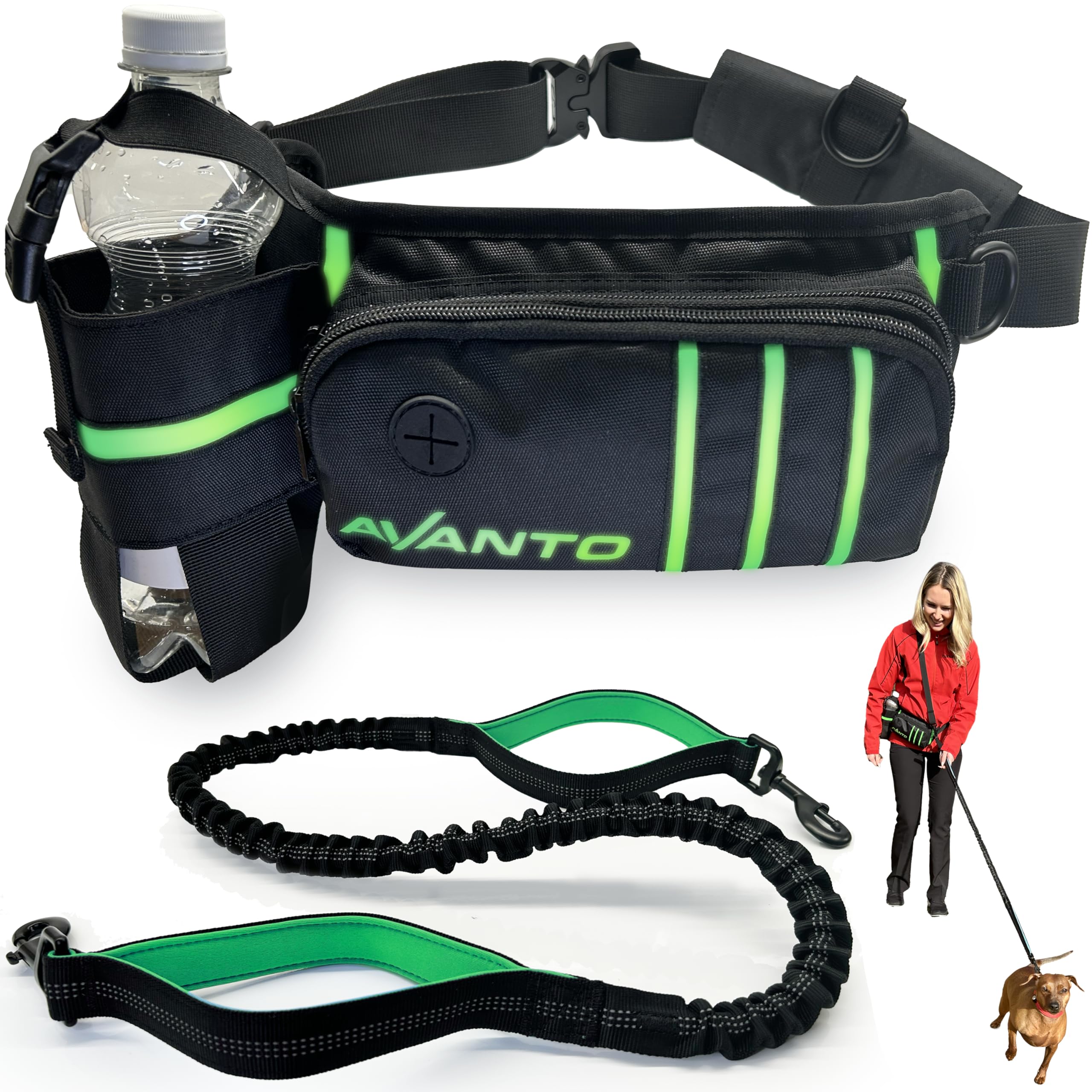 AVANTO Hands Free Dog Leash with Waist Belt – Adjustable Running Belt for Dogs, Reflective Bungee, Dual Handles, Durable for Large Dogs, No-Pull