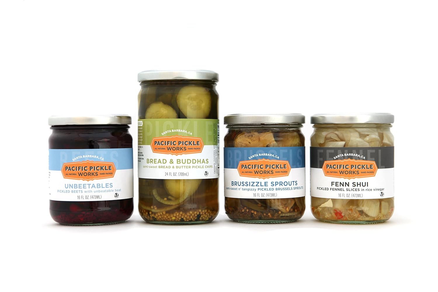 Sweet and Savory Pickles Gift Pack (4-pack) - variety of bread & butter style pickles, semi-sweet pickled Brussels Sprouts, pickled beets and pickled fennel