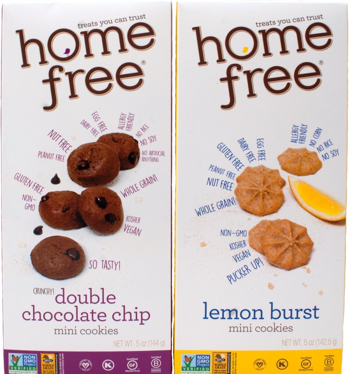 Home Free Gluten-Free Non-GMO Mini Cookies 2 Flavor Variety Bundle: (1) Double Chocolate Chip, and (1) Lemon Burst, 5 Ounces (2 Boxes)
