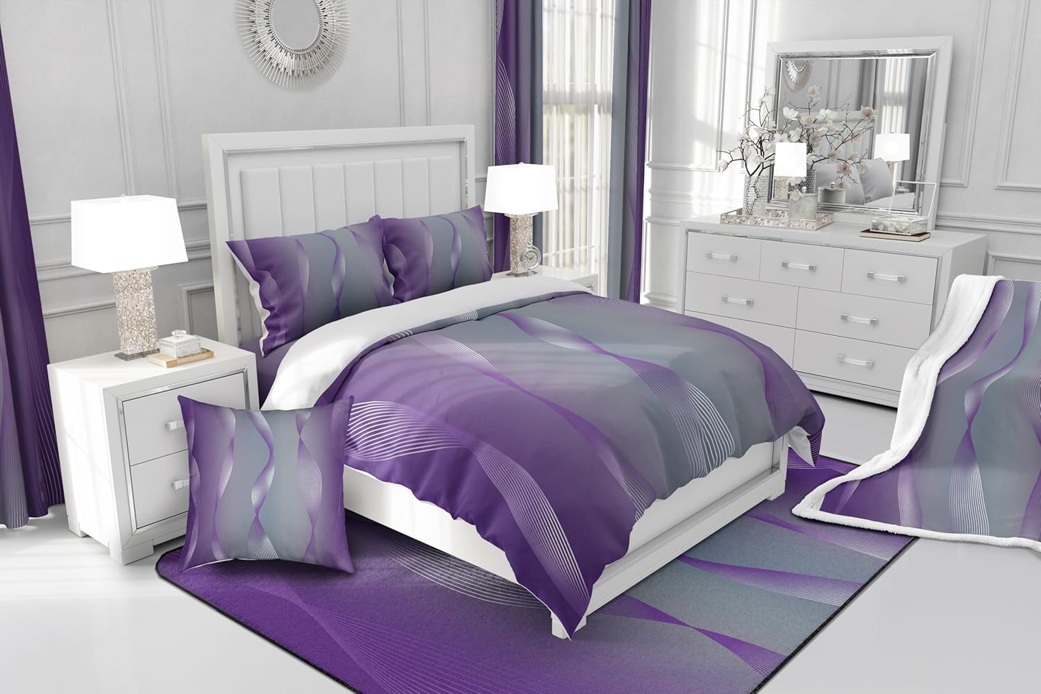 Erosebridal Gradient Grey and Purple Bedding Set Ombre Comforter Set for Girls,Spiral Silver Print Wave Striped Pattern Queen Quilt,Abstract Art Room Decor Aesthetic