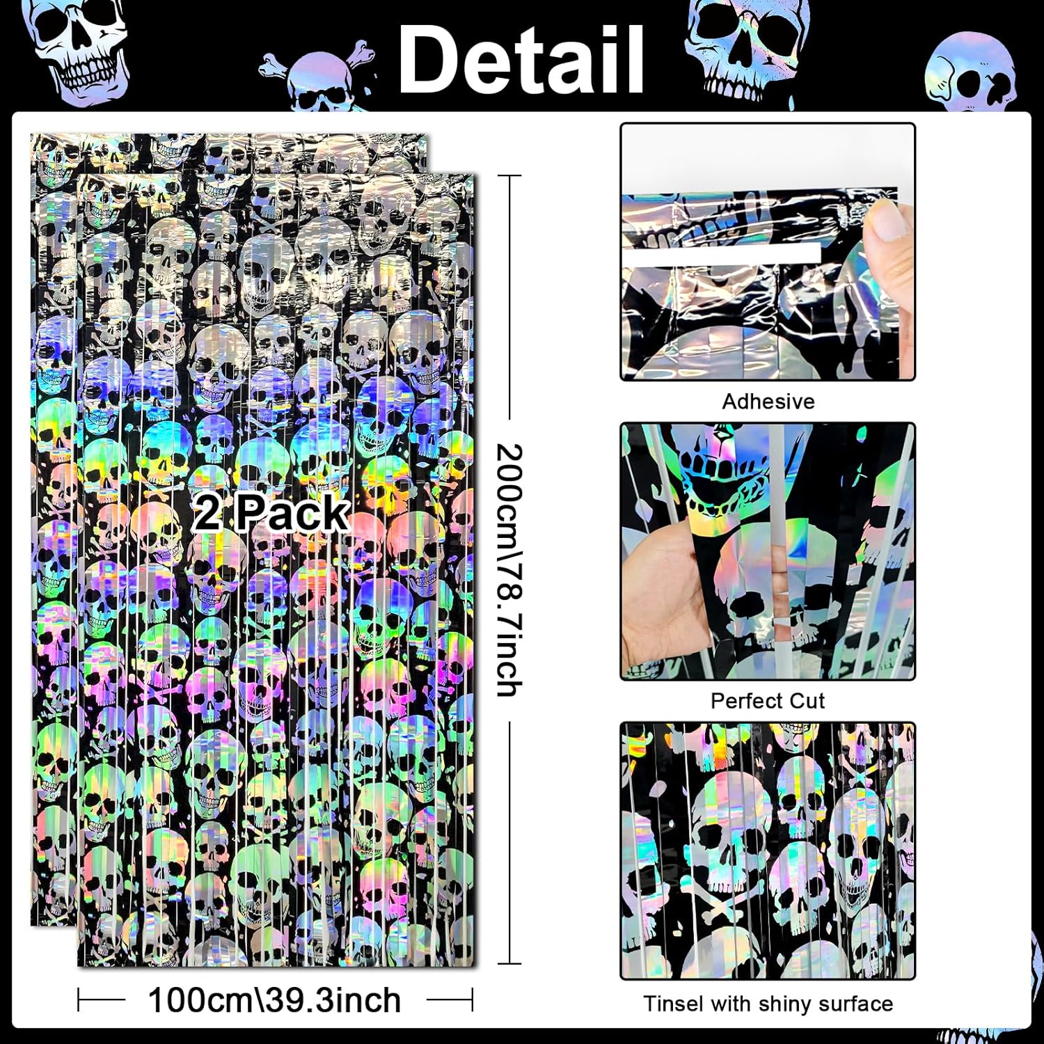 Avezano Halloween Foil Fringe Curtain 3.3ft x 6.6ft Silver Skull Pattern Holographic Backdrop Streamers for Halloween Party Decorations Skull Head Holidays Tinsel Streamers Party Supplies (2)