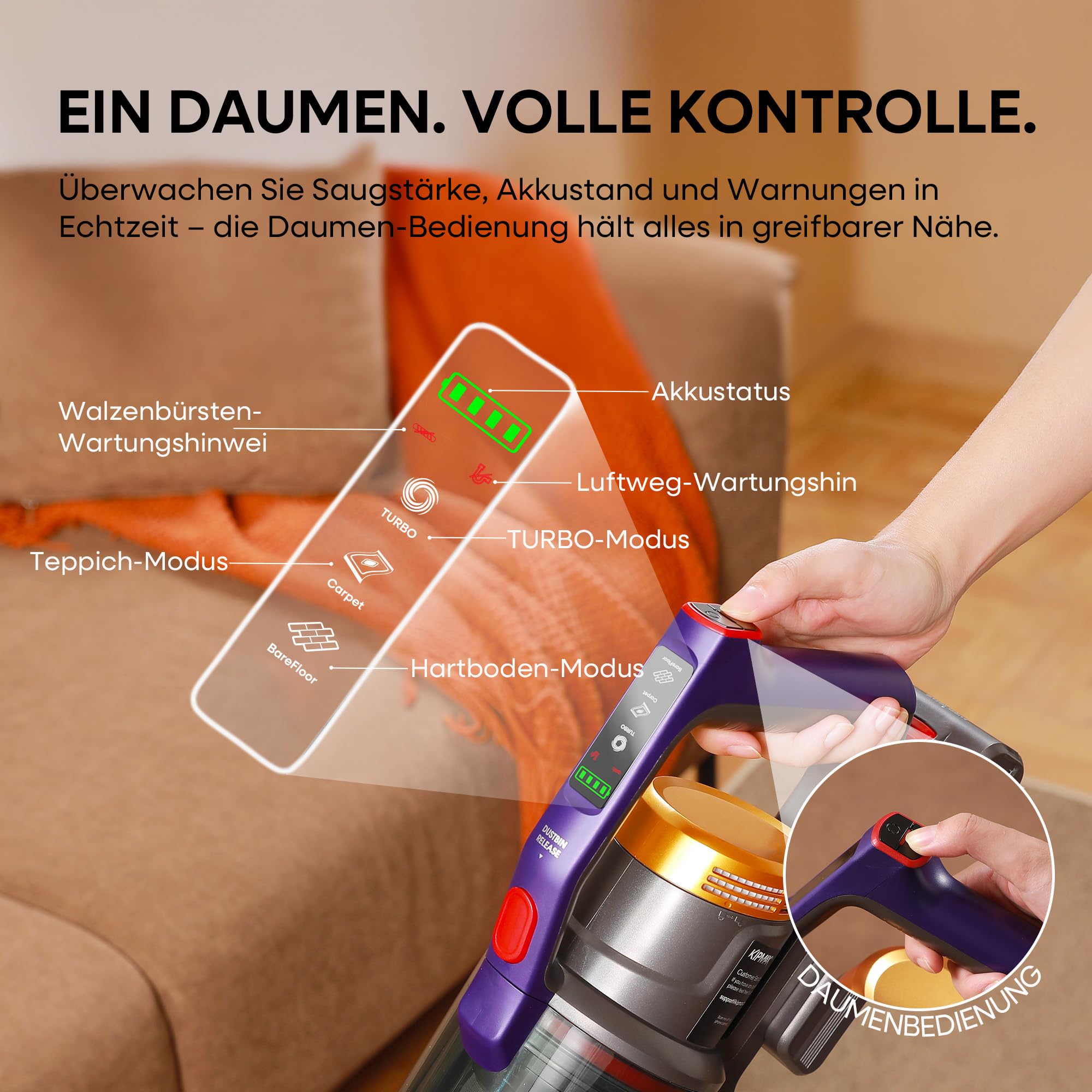 KIPMAX Akku Staubsauger 50000Pa/550W/70Min,1.5L akku Staubsauger Kabellos mit Display,Anti-Tangle-Bürste,7-Schicht-Filtra & Duftfunktion für Teppiche/Tierhaar/Hartböden
