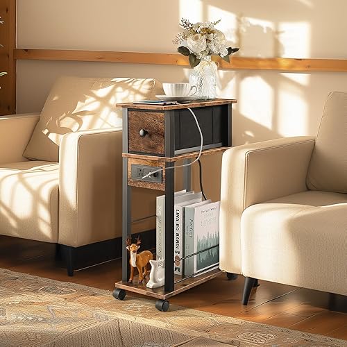 Miniatura 2 de Mesa auxiliar con estación de carga y cajón, mesa auxiliar estrecha con puertos USB y salidas para espacio pequeño, sala de estar, dormitorio y