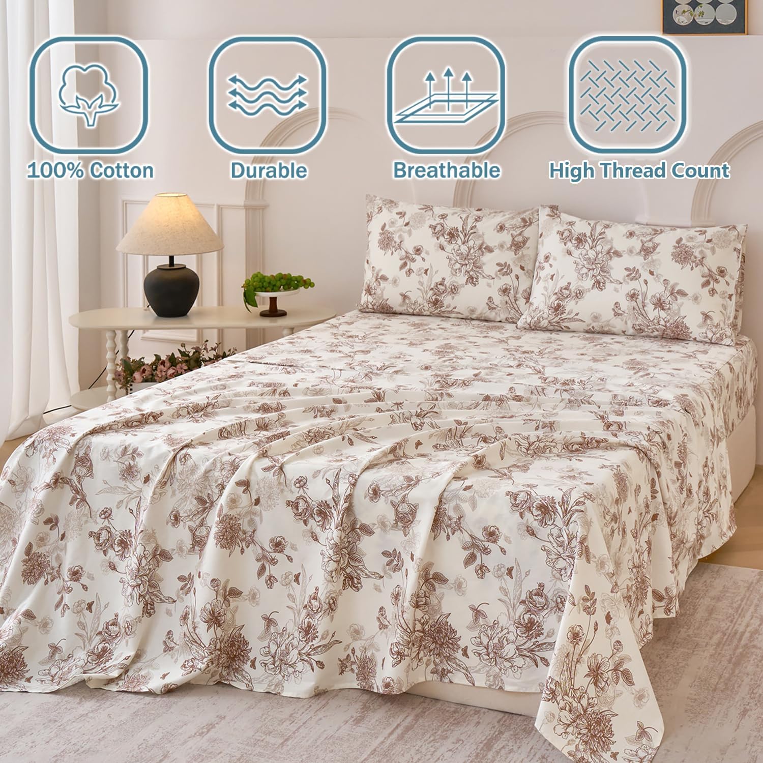 Brown Floral Bed Sheets Set 100% Cotton Percale Sheets King Size Vintage Toile Flower Printed Sheets, Soft & Breathable Khaki Luxury Bedding, Deep Pocket Fitted Sheet 17.5" 4 Pcs