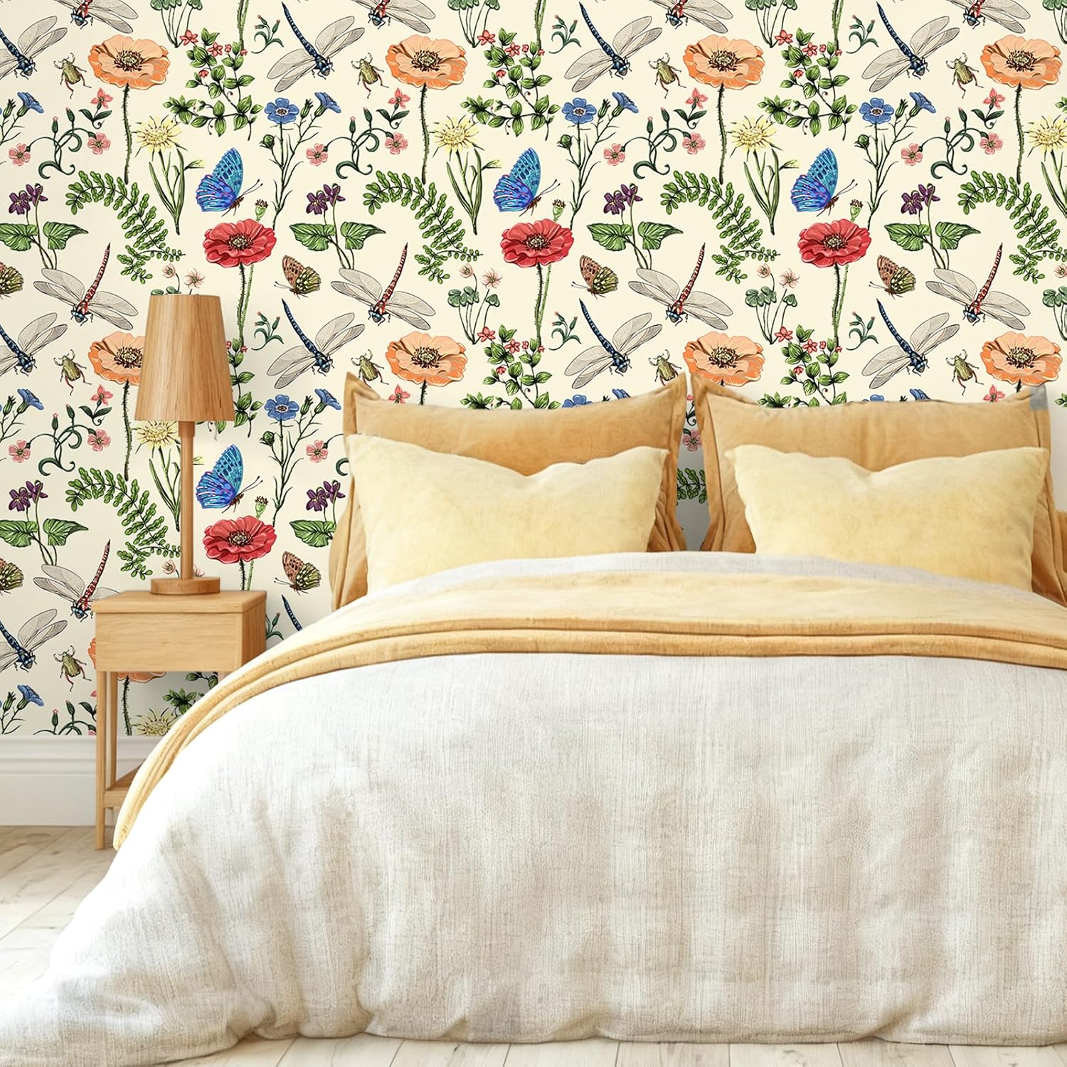 VEELIKE Vintage Wildflowers Peel and Stick Wallpaper with Insect 17.7''x354'' Boho Butterflies Floral Wallpaper for Girls Bedroom Removable Self Adhesive Botanical Floral Contact Paper for Walls