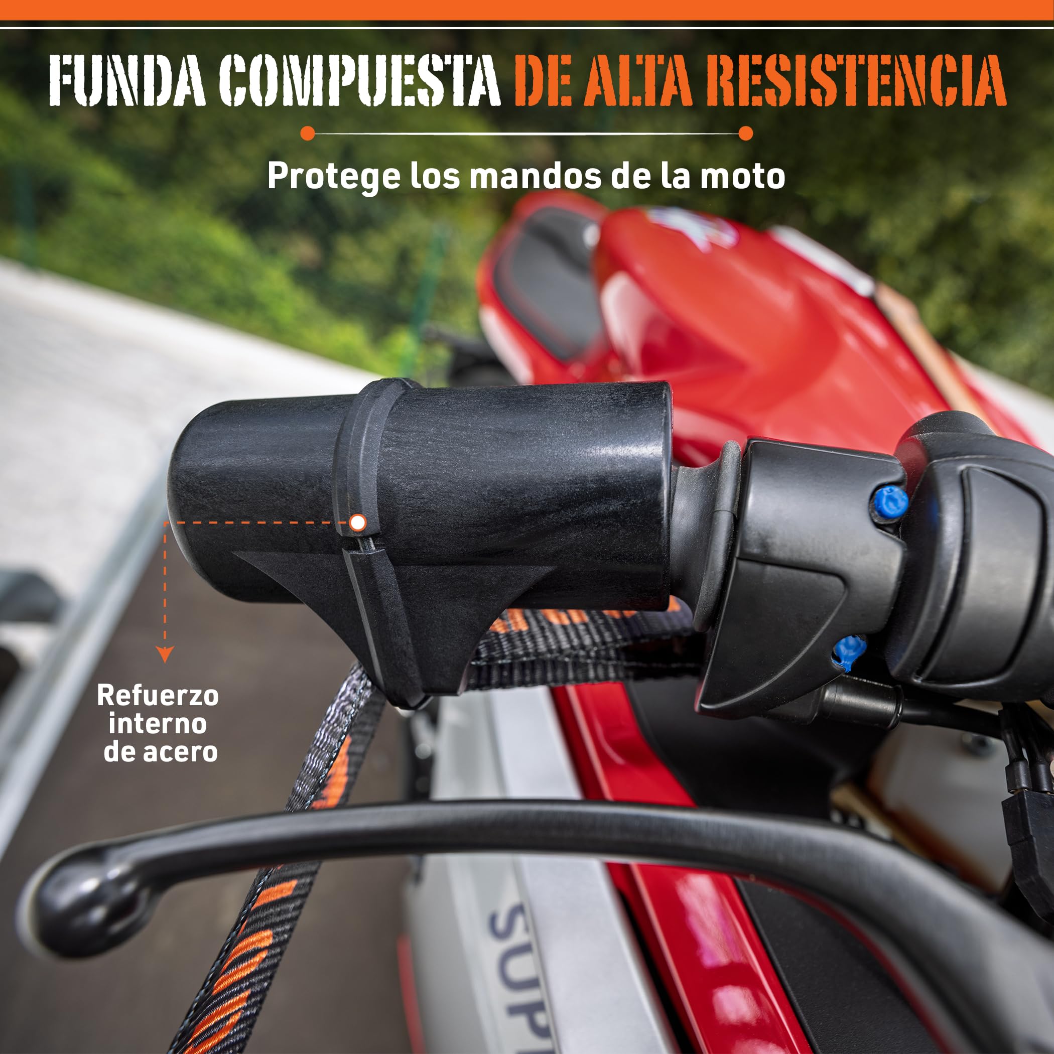LODD – Correas Moto, Anclaje al Manillar con Manguitos Compuestos Reforzados, Carraca Ultrarresistente, 38 mm, 1.500 kg, Mosquetones de Acero, Remolque, Carretera y Deportivas – Maletín Incluido