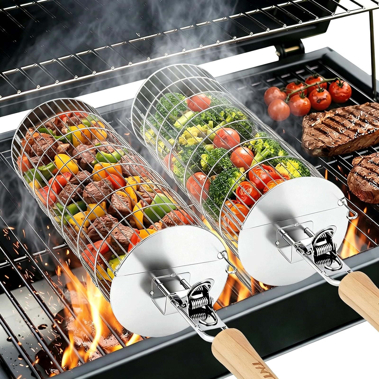 Amazon.com: TNTOR Rolling Grill Basket, Larger 304 Stainless Steel