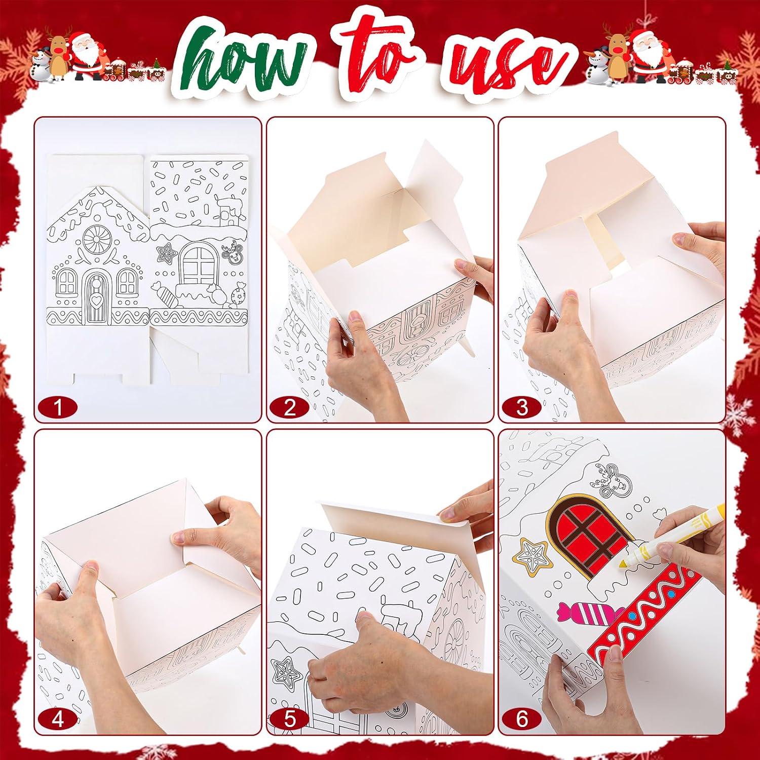 Funrous 12 Pcs Gingerbread Paper Coloring Houses DIY Craft Kit Large Christmas Cookie Gift Boxes Cardboard Color Your Own House Boxes for Holiday Activities Party Decor Gift Packaging 6.89x7.36x9.84in