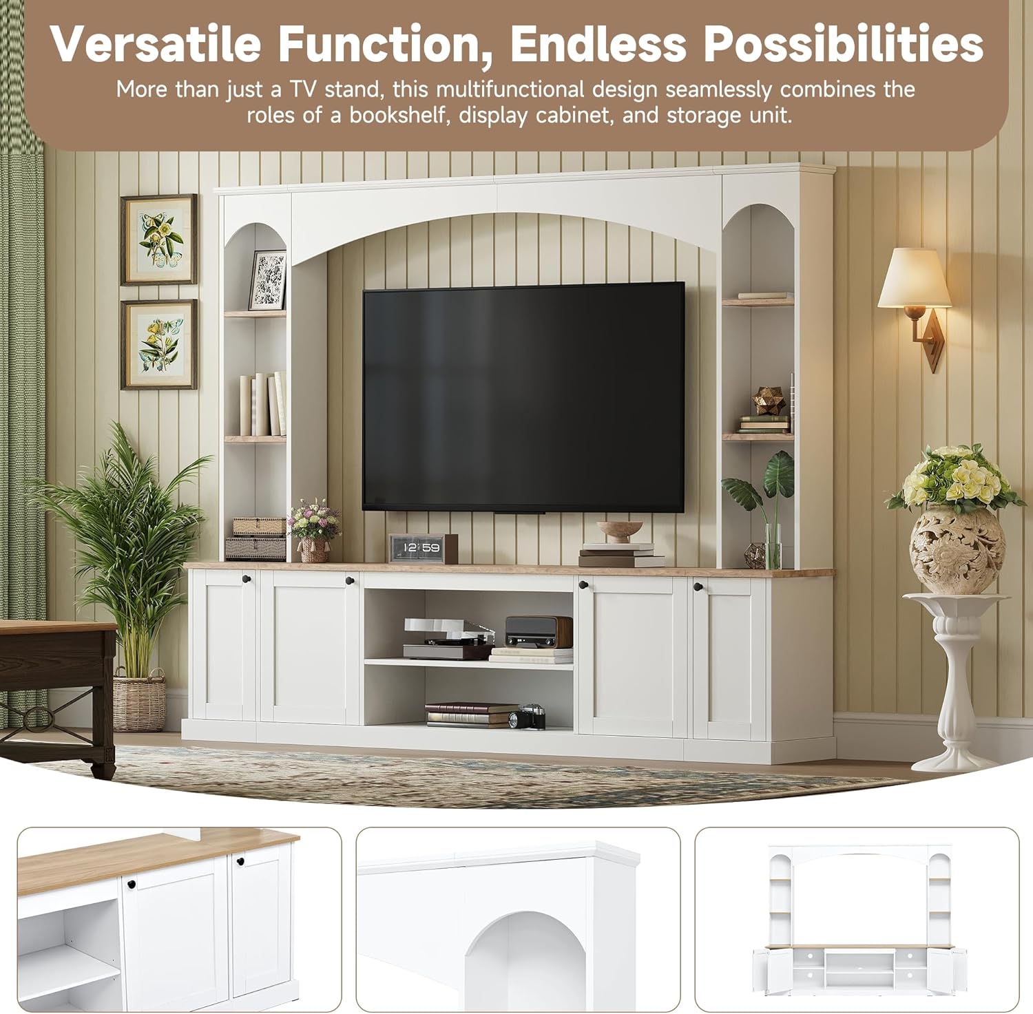 Merax Elegant Arched Entertainment Center Wall Unit with Bookshelf, Minimalism TV Stand for Televisions up to 70", Mid-Century Media Console with Adjustable Shelves for Living Room, White