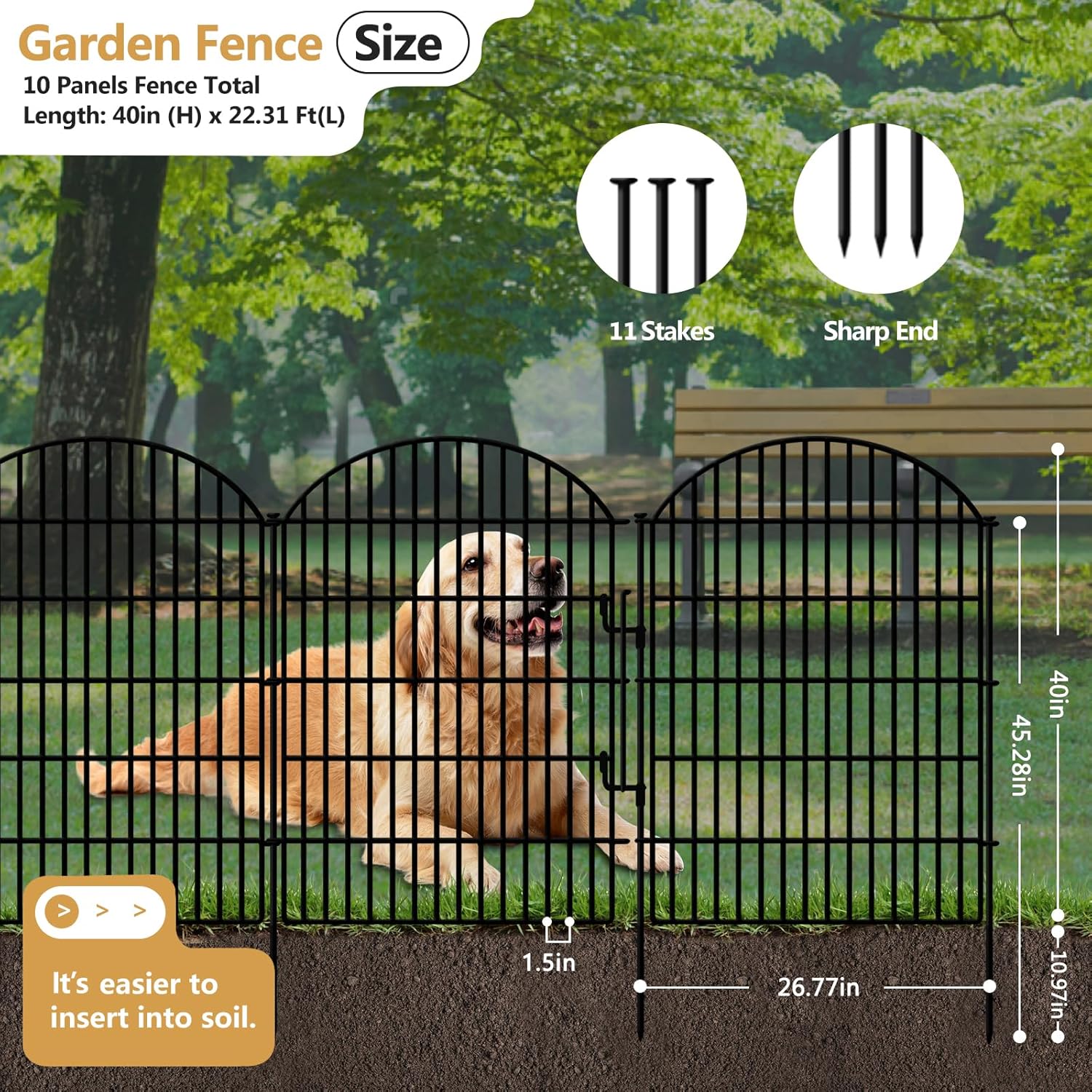 10 Panels Decorative Garden Fence with Lock, 40in (H) X 22.31ft (L) No Dig Dog Fences Outdoor for Yard, Rustproof Tall Animal Barrier Fencing, Metal Panels Suitable for Yards Border, Patio Use