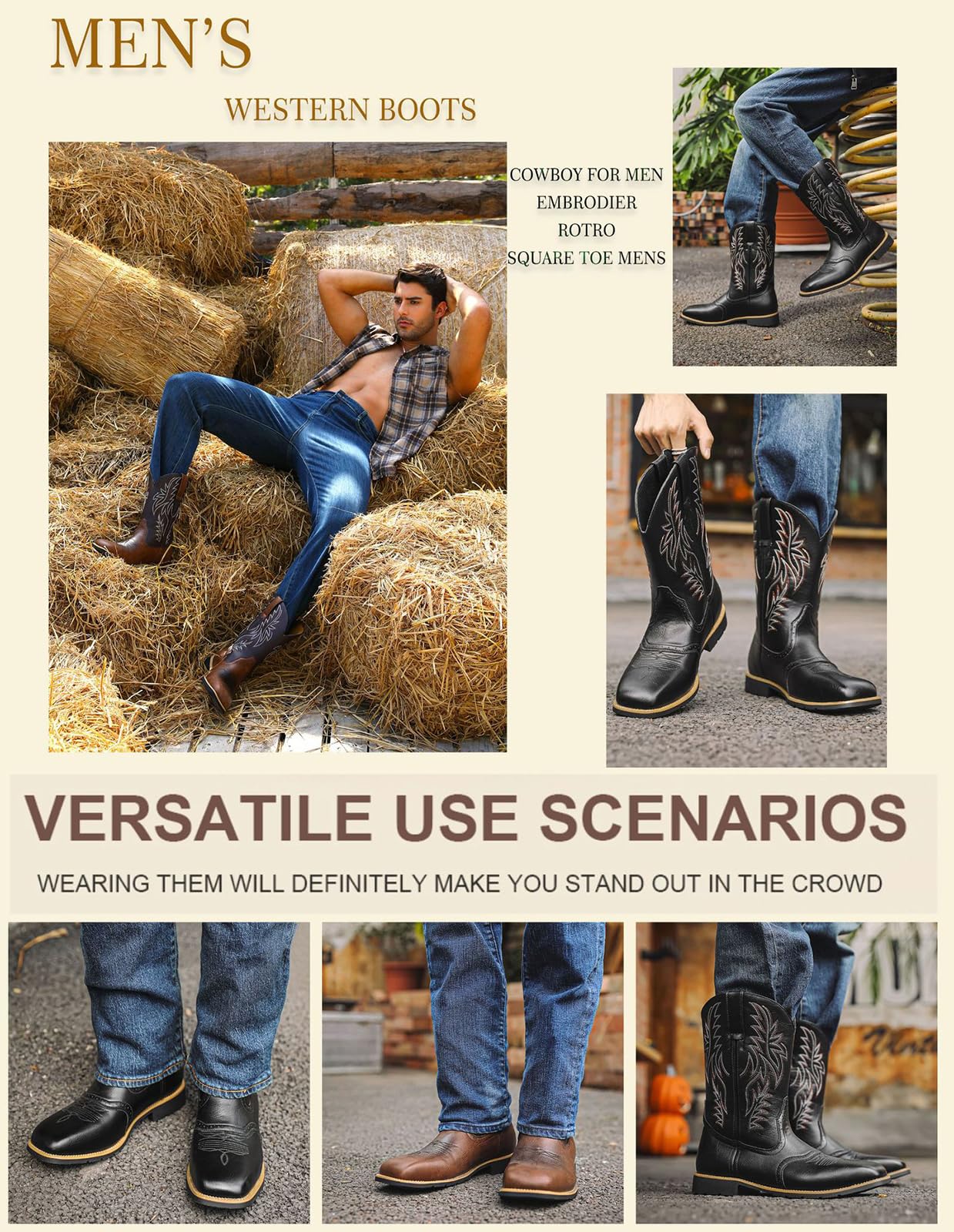 Stivali da Cowboy Western per Uomini con Classica Ricamo Slip-on Punta Quadra Stivali Corti Country