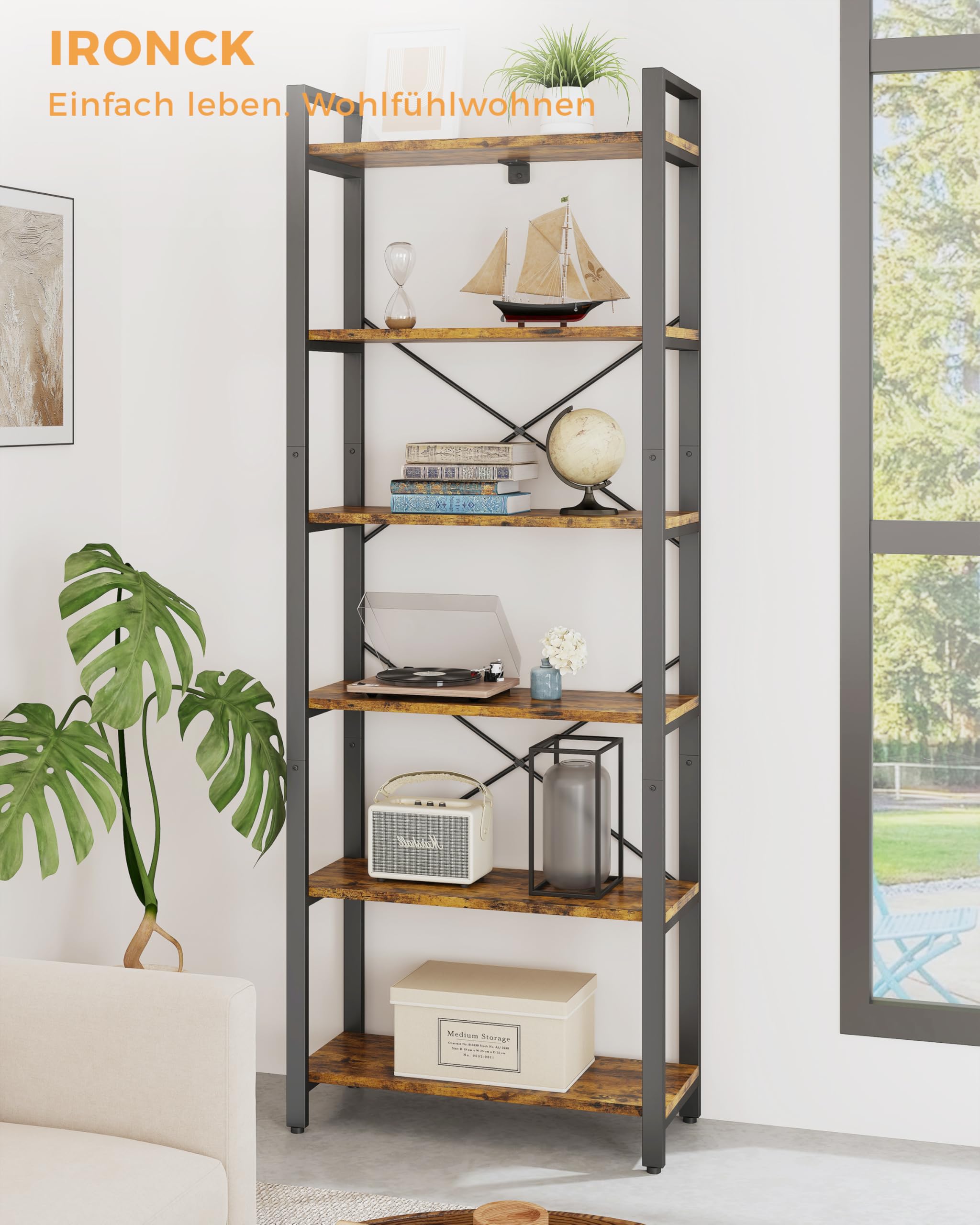 IRONCK 2M Bücherregal, Standregal mit 6 Ebenen, Regal Holz mit Metallrahmen, Büroregal Industriel, offene Ablagen, Bookshelf für Büro, Wohnzimmer, Schlafzimmer, Küche (Vintagebraun Schwarz)