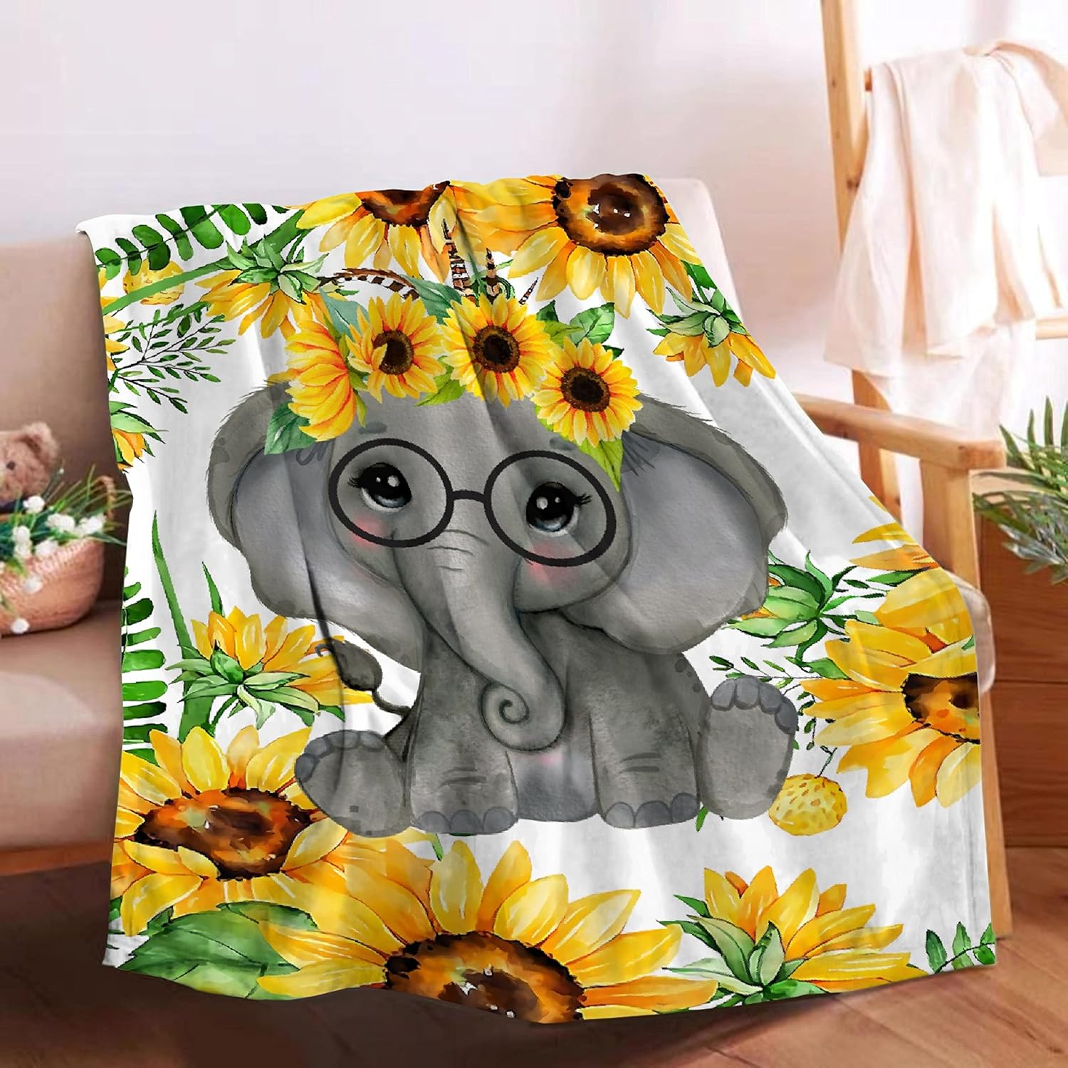 Super Soft Blanket Glasses Elephant and Sunflower Light Weight Throw Quilt Comfy Fluffy for Bed Sofa Suitable All Seasons 50"X40" for Kid Small
