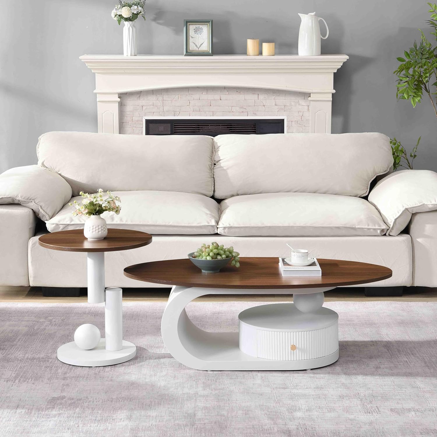 2 Piece Nesting Coffee Table Set, Oval Coffee Table with Storage Drawer, Small Round End Side Table, Brown Wood Grain Tabletop with White Metal Frame, Coffee and End Table Set for Living Room Office