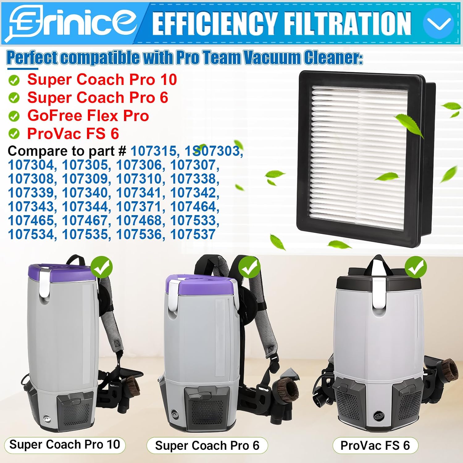 107315 Replacement Filter Compatible with Pro Team Super Coach Pro 10, Super Coach Pro 6 GoFree Flex Pro and ProVac FS 6 Washable Resuable Vacuum Filters, Compare to part # 107315, 2 Pack