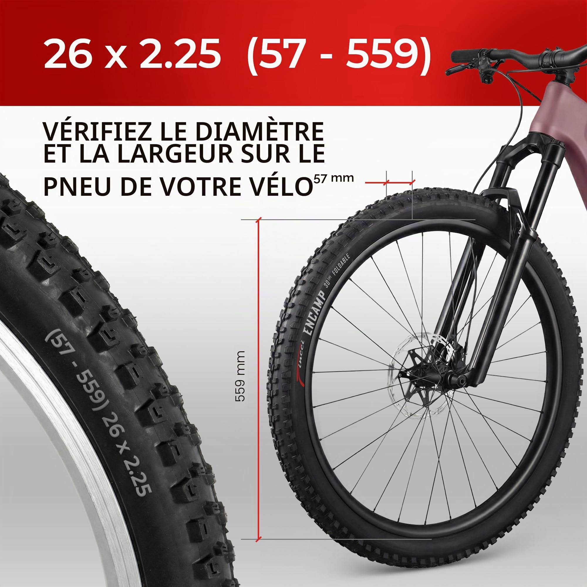 Fincci Pneu VTT 26 Pouces 26x2.25 57-559 Pneus Pliables VTC VAE (Pack de 2) | Pneus Pliables - 30 TPI 35-50 PSI - Crampons Tout-Terrain Ville Électrique Urbain Sentiers Boue Grand Grip Haute Traction