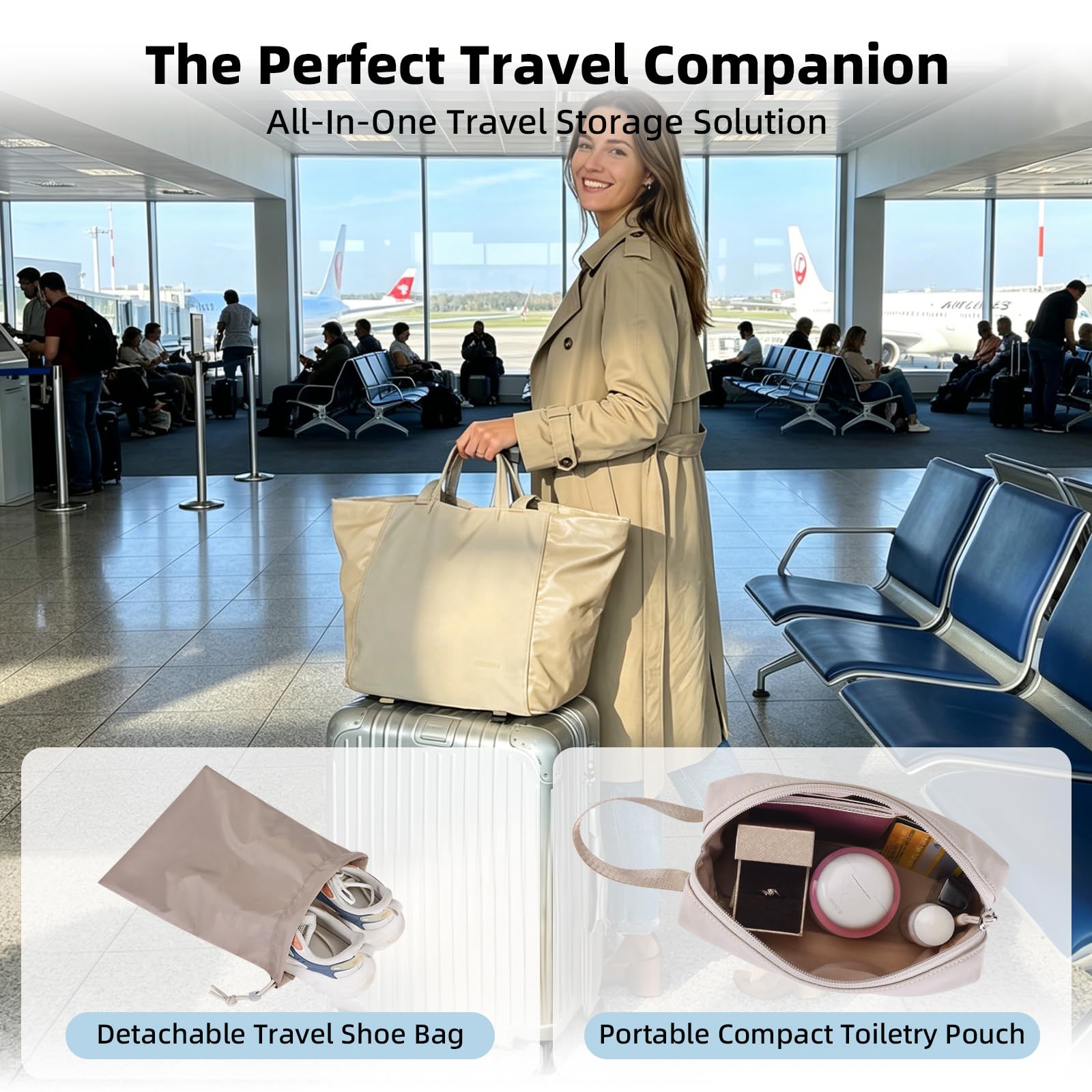 Bolso tote mujer, bolsos de viaje ligeros para el gimnasio con correa para esterilla de yoga, bolsillo impermeable, bolsa para zapatos y neceser; juego de 3 piezas. Bolso tote versátil — view 7