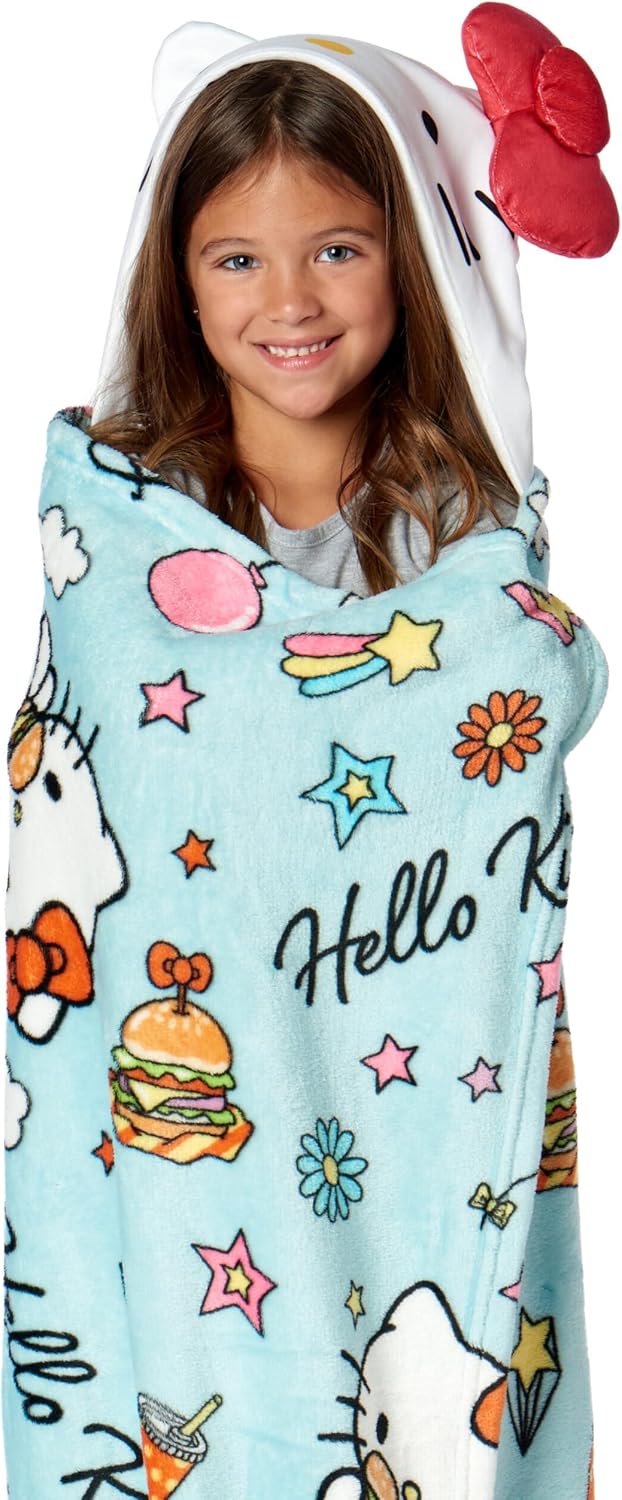 Northwest Sanrio Hello Kitty Blanket, Wearable Hooded Throw, Soft 3D Sculpted Hood, Silk Touch Throw, 40 x 50 Inches