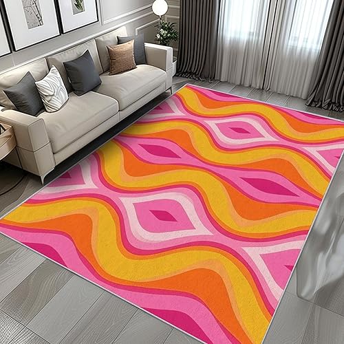 Miniatura 2 de Alfombras retro onduladas para sala de estar, alfombra de dormitorio de 5 x 5 pies, alfombra de dormitorio rosa, amarillo y naranja, alfombra de