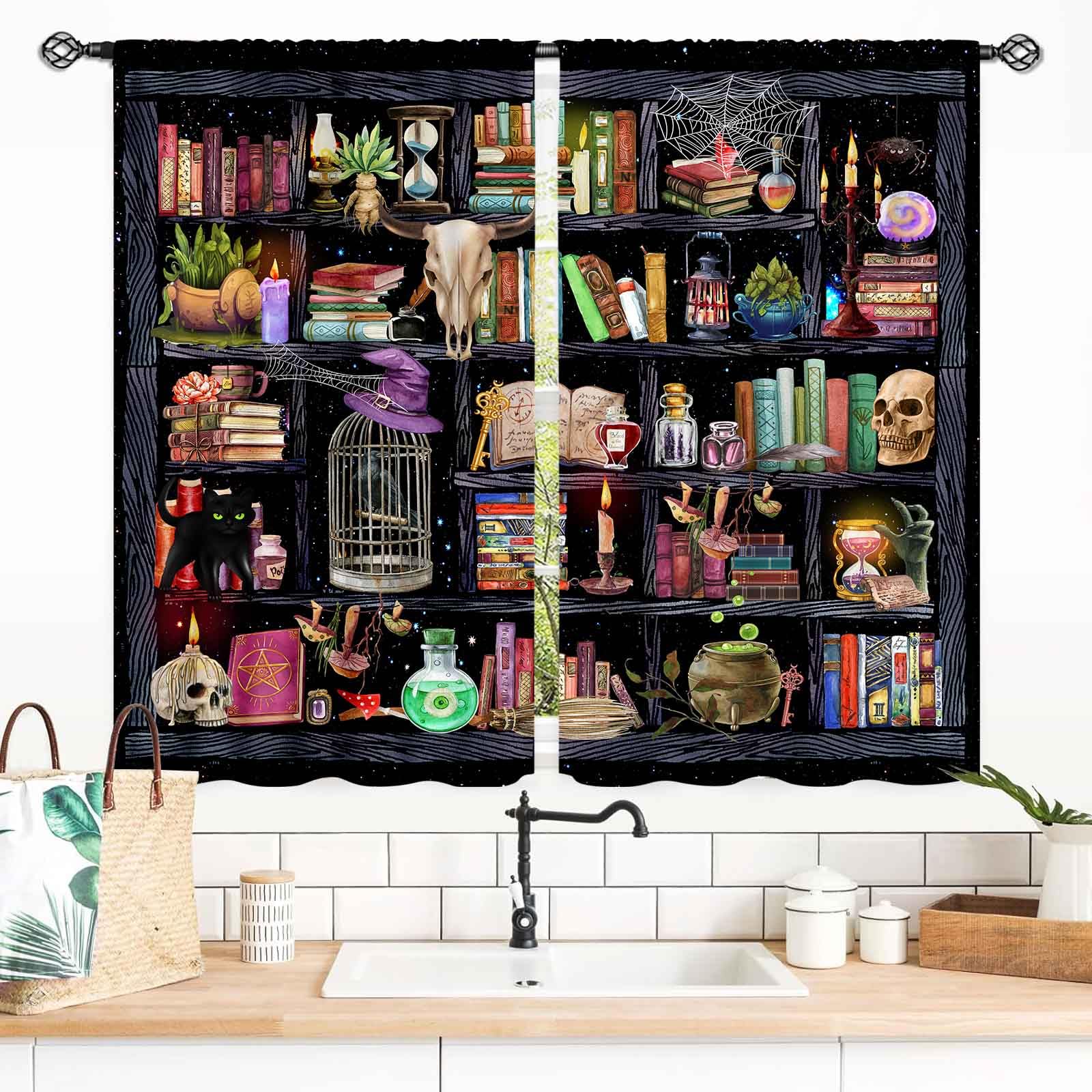 Witchy Curtains, Fantasy Magical Vintage Bookshelf Mysterious Bookcase Gothic Skull Spooky Gothe Blackout Window Drapery Treatments for Bedroom Living Room Bathroom, 55x39 Inch