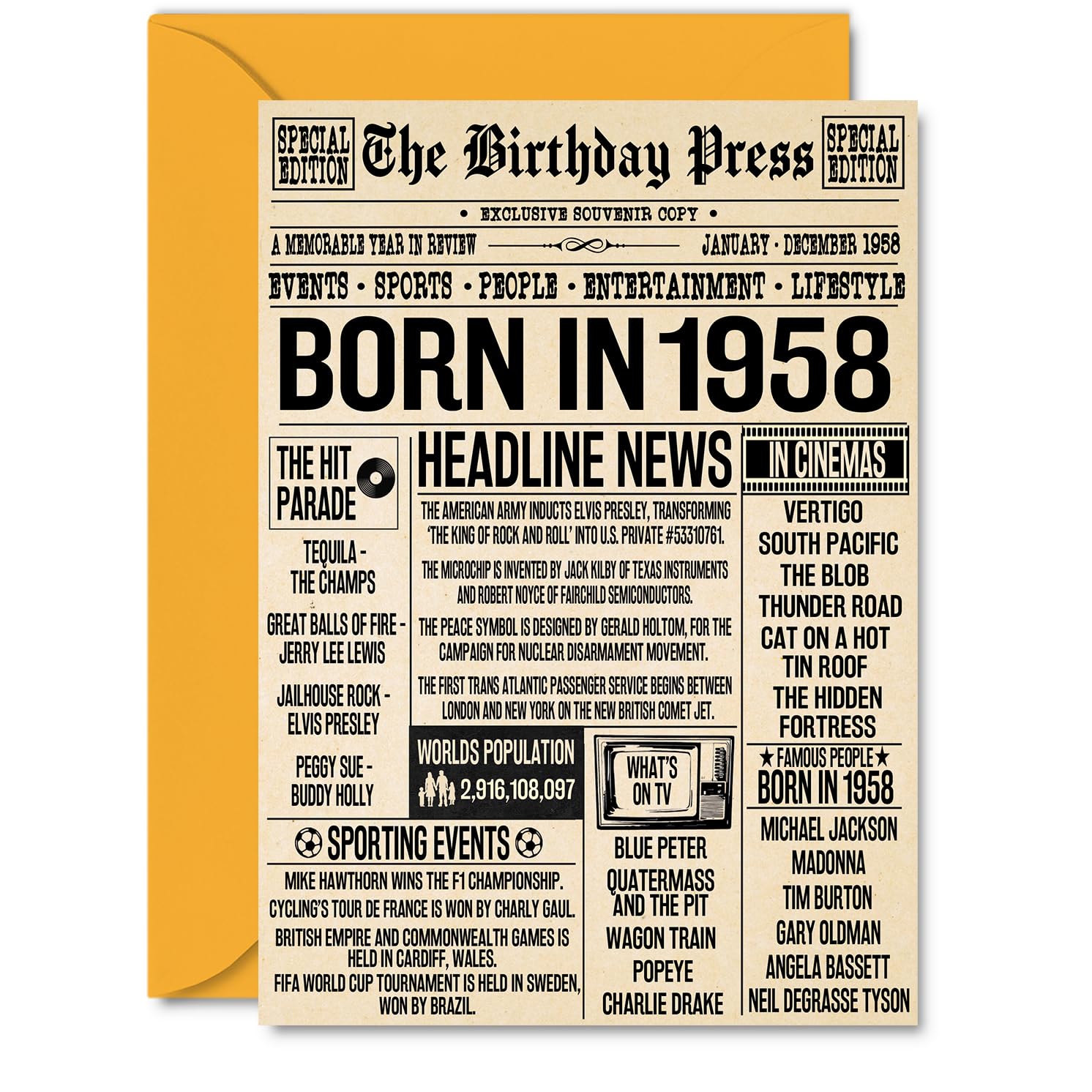 68th Birthday Cards for Women Men - Born In 1958 Newspaper - Happy 68 Birthday Card for Grandma Grandad Nan Vintage Retro Back In 1958, A5 Bday Greeting Cards