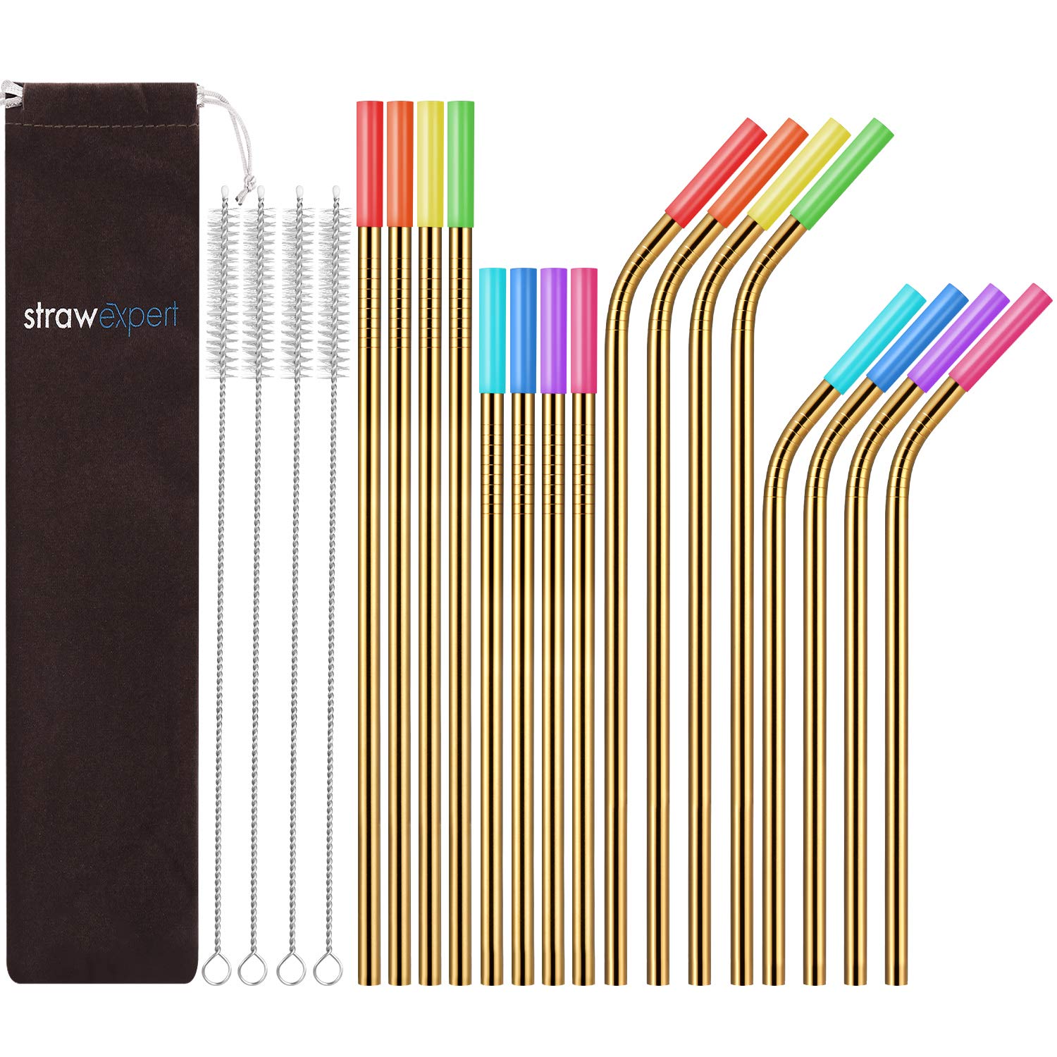 16 Pack Gold Reusable Metal Straws with Silicone Tip & Travel Case & Cleaning Brush,Long Stainless Steel Straws Drinking Straw for 20 and 30 oz Tumbler