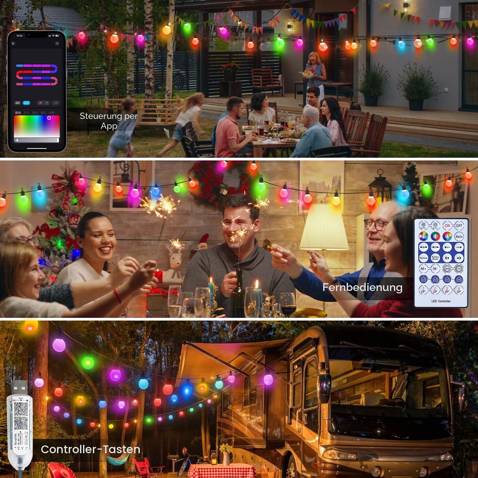 LRGBST 5V USB 30M 50Bulbs Festoon Outdoor Lights, IP65 wasserdichte Garten Fee Lichter mit Bluetooth APP und Fernbedienung für Patio Hochzeit Hinterhof Party Weihnachtsdekor Beleuchtung