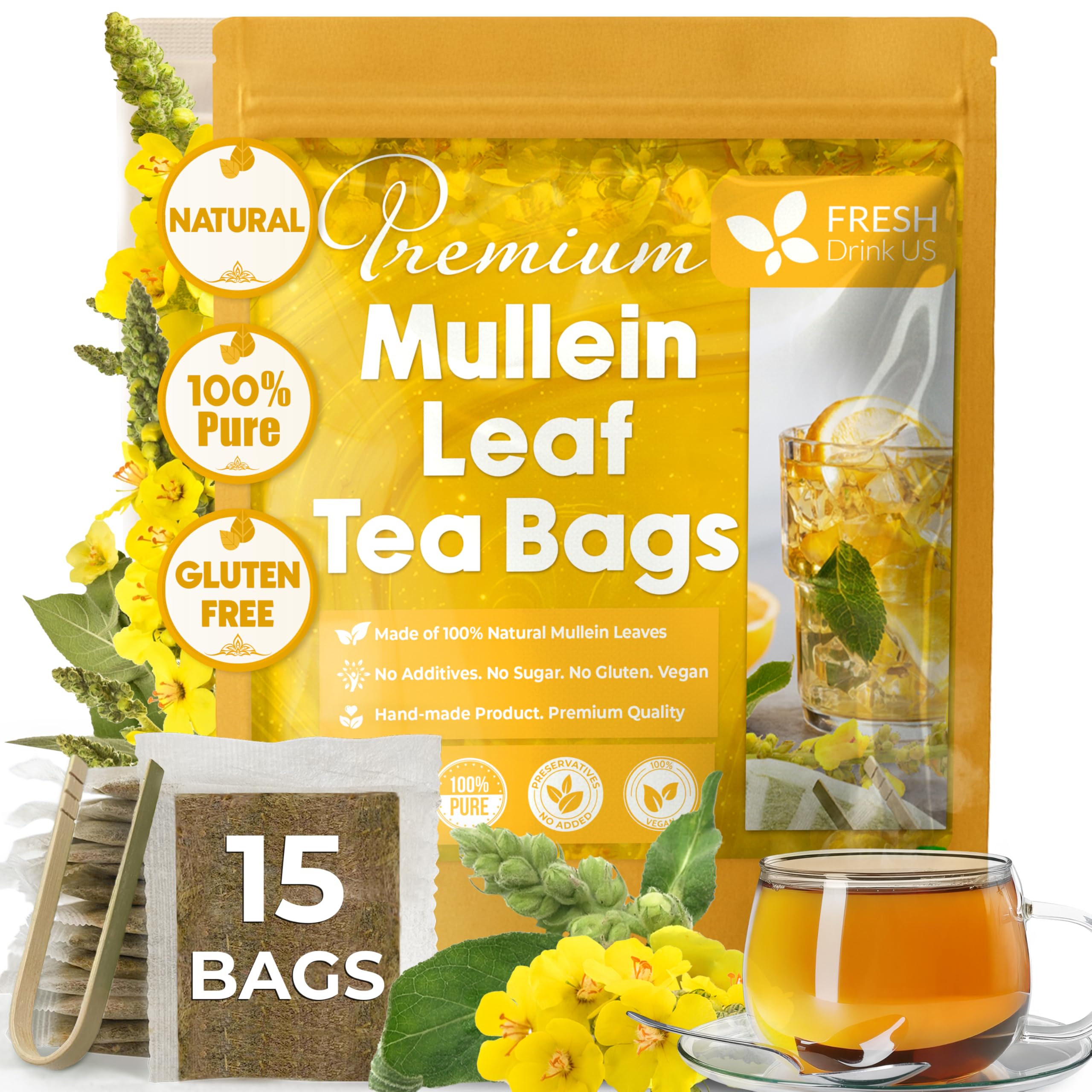 FreshDrinkUS, Premium 15 Mullein Leaf Tea Bags For Lung, 100% Natural & Pure from Mullein Leaves. Loose Leaf Mullein Herbal Tea. Made with Natural Material Tea Bags. No Sugar, No Caffeine, No Gluten, Vegan.