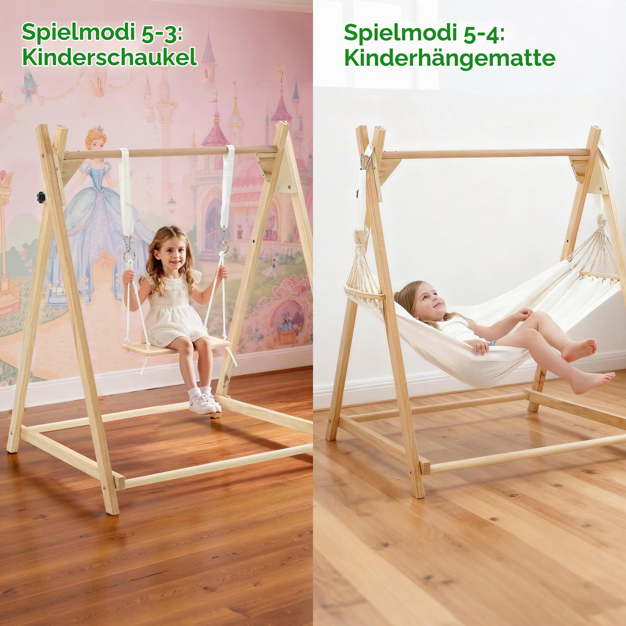 Kinderschaukel Indoor Holz mit Gestell, 5 in 1 Tipi Zelt für Kinder, Hängeschaukel, Kinderhängematte Schaukelsitz Schaukelbrett Brettschaukel für Kinder zum Schaukeln (Cremeweiß)