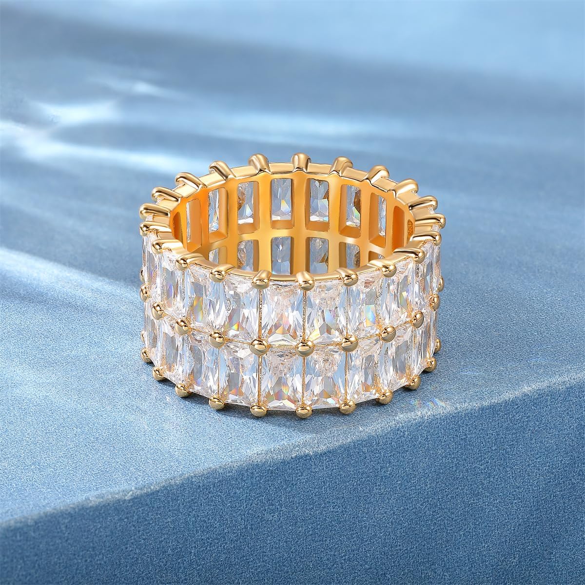 MDFUN 2 Rows Baguette Ring Eternity Bands Emerald Cut Cubic Zirconia Ring 18K White Gold/Yellow Gold Plated CZ Wedding Rings for Women Size 5-10 - Image 4