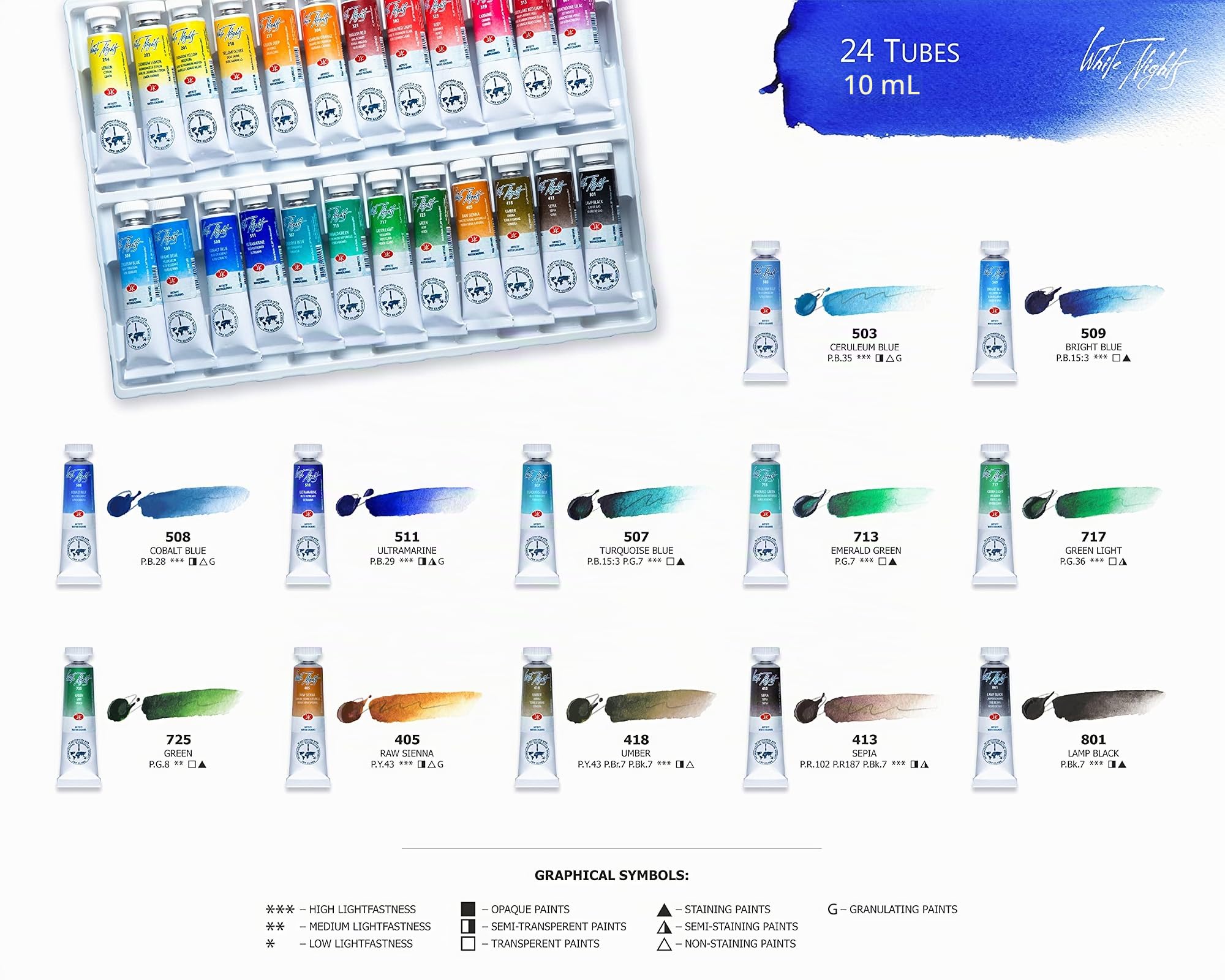 White Nights Coffret Aquarelles de 24 tubes 10 ml Boite carton