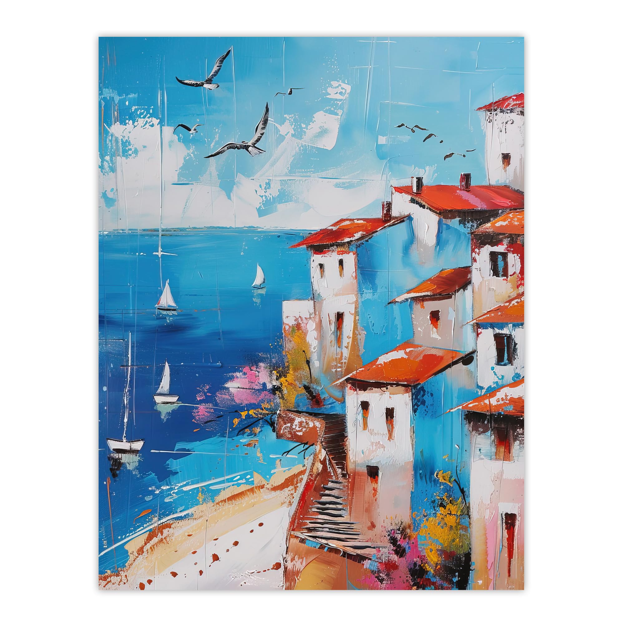 Artery8 Coastal Town Beach Sail Boats Abstract Painting Living Room Bathroom Large Wall Art Poster Print Thick Paper 18X24 Inch