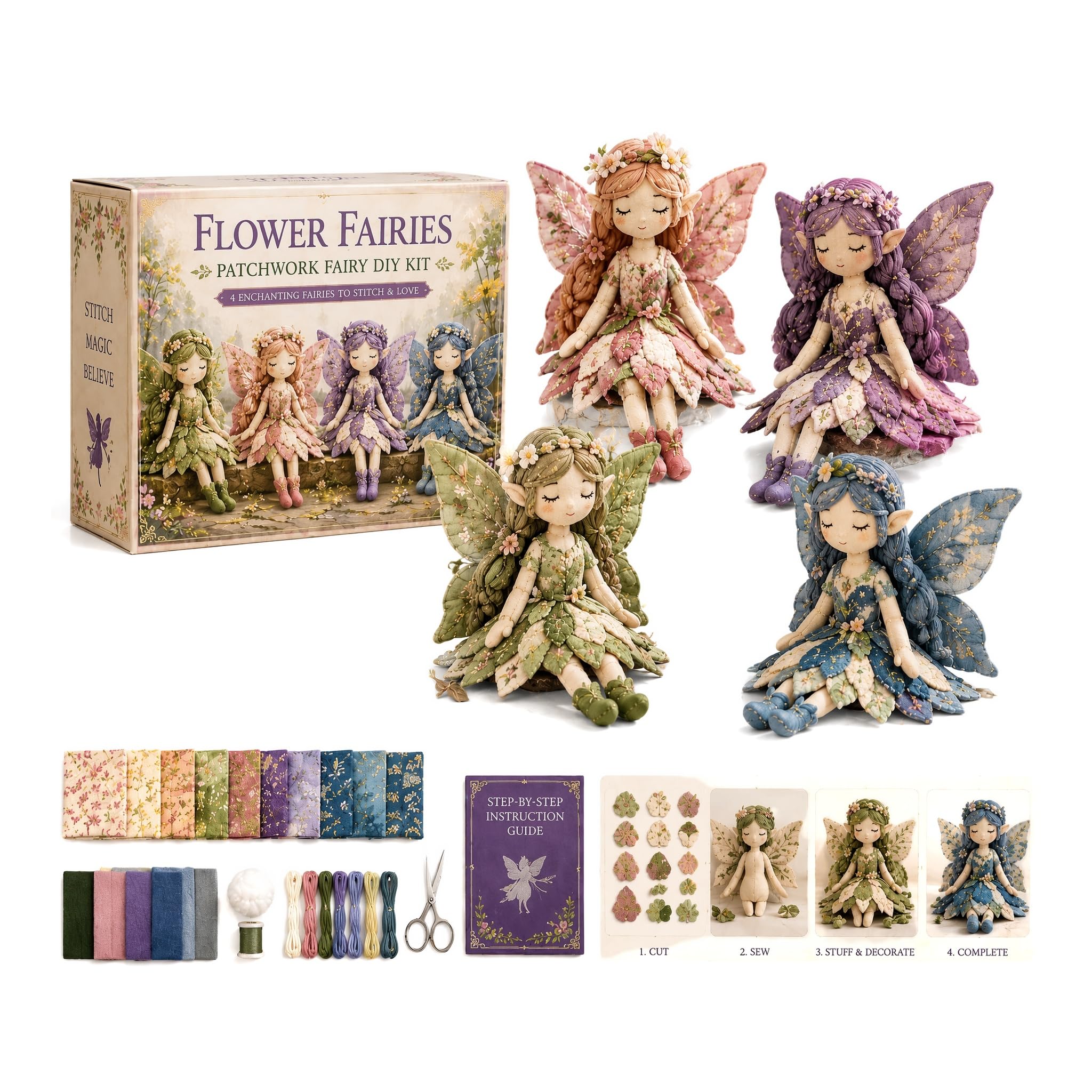 Flower Fairy Patchwork Sewing Kit 4Pcs DIY Fabric Craft Set (Type 1)