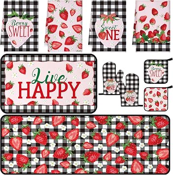 Fourluoo 10 Pcs Strawberry Farmhouse Kitchen Decor Set Dish Towels Kitchen Rugs Oven Mitts and Pot Holders Set for Cooking Baking Grilling Women Mom Daughter Gift Mixed Color