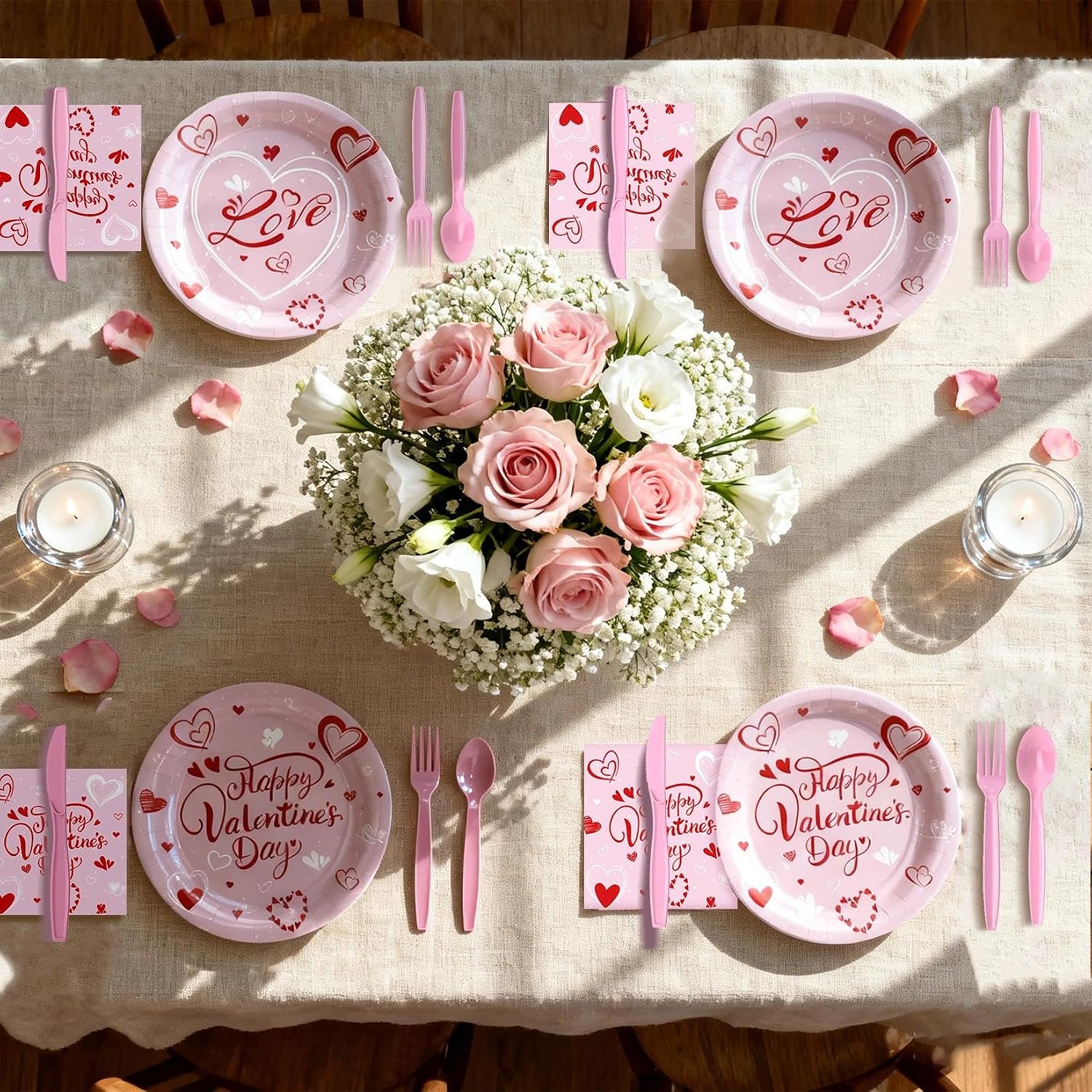Valentines Day Tableware Set Sweet Heart Dinnerware Pack with Paper Plates, Cups, Napkin, Knives, Forks, Spoons - Valentine’s Day Party Supplies for Wedding,Anniversary, Birthday,Gatherings,Serves 16 image 5