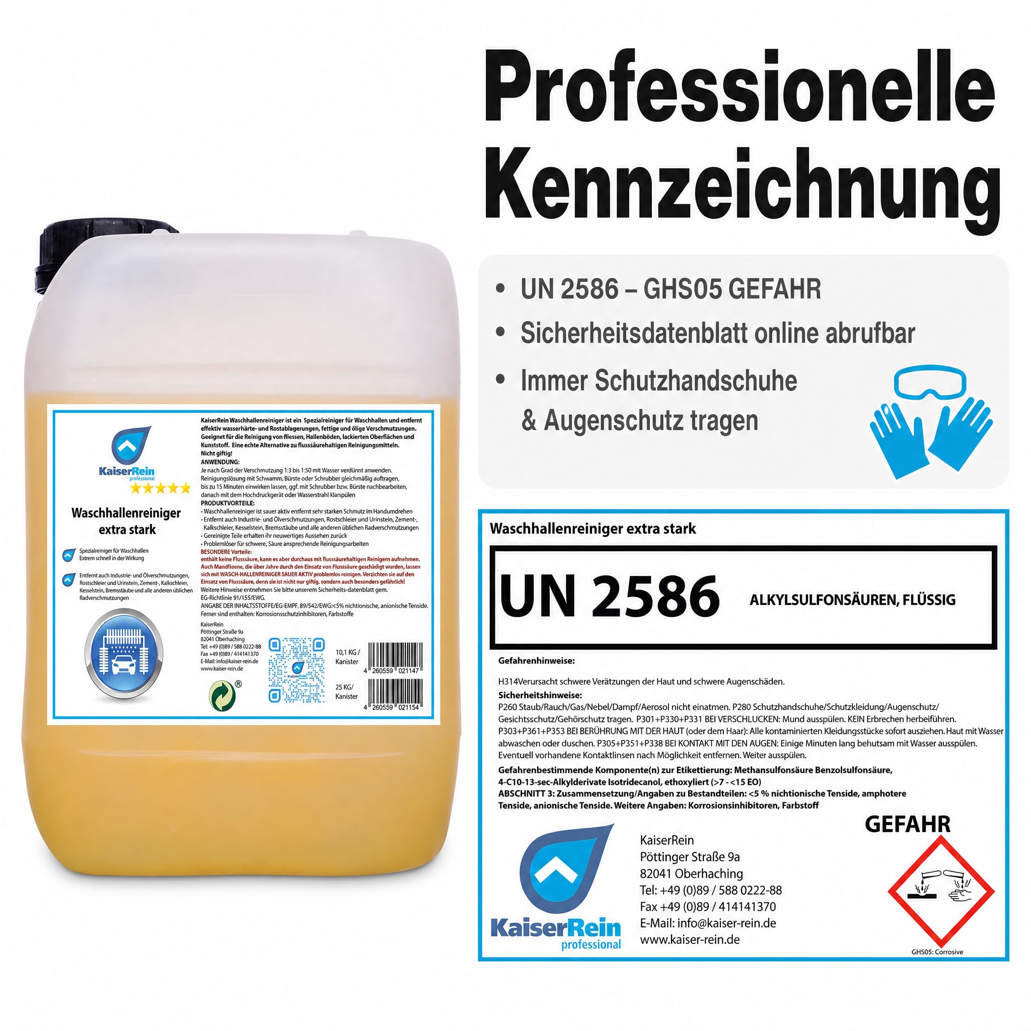 KaiserRein Fliesenreiniger Waschhallenreiniger Extra Stark, Zementschleierentferner und Bodenreiniger Konzentrat, Sauer Aktiv & Flusssäurefrei, für Waschhalle/Hallenboden/Fliesen, 10,1 kg Kanister