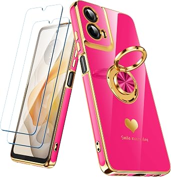 for Motorola Moto G 5G 2024 Case with 2 Pack Screen Protector, 360 Rotatable Ring Holder [Luxury Hearts Pattern] Plating Gold Edge Slim Soft Phone Cover for Moto G 5G 2024 - Hot Pink