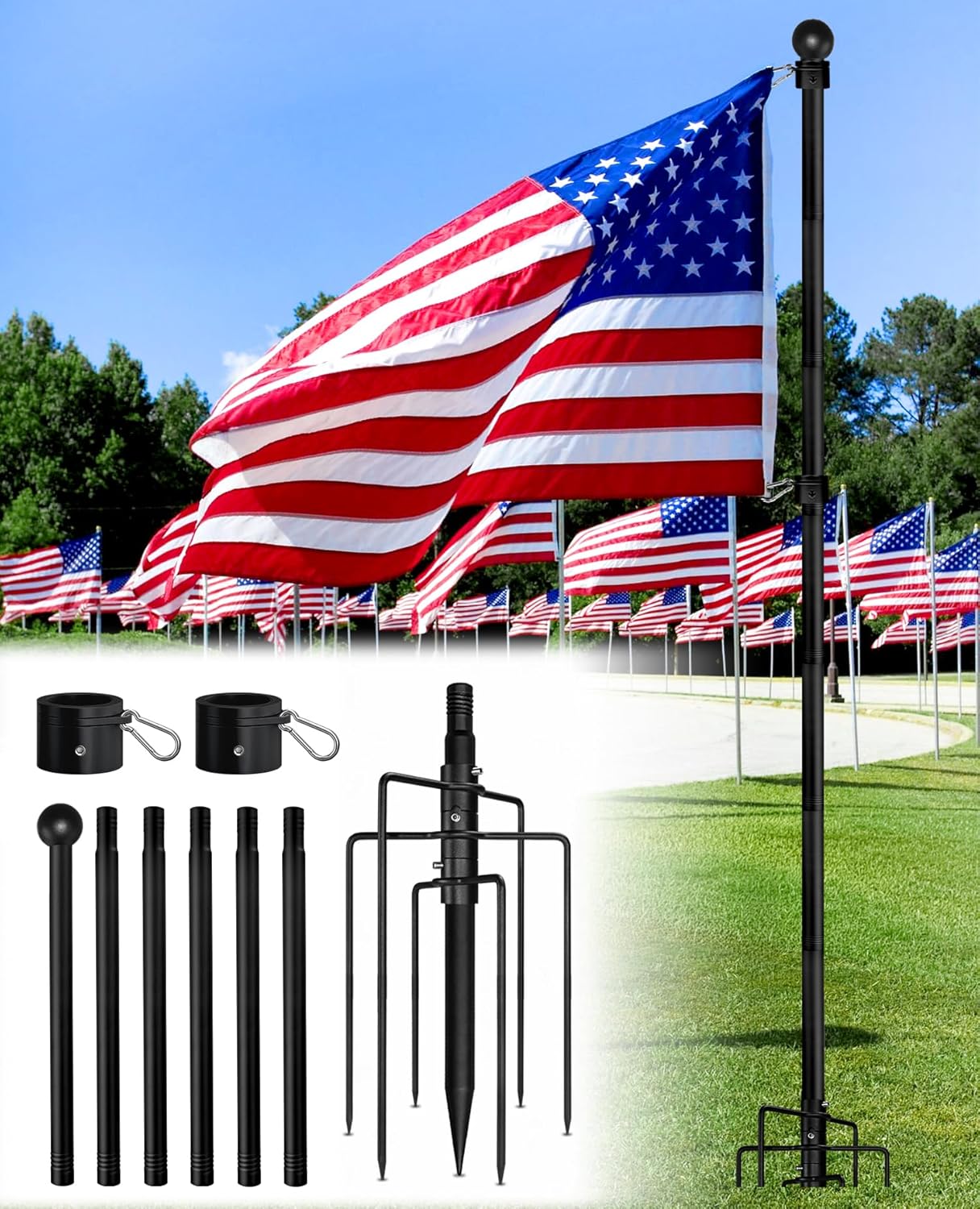 8FT In Ground Flag Pole, 304 Stainless Steel Flagpole for Outside House with 7 Prongs Stabilizer Stand Base, Heavy Duty, Rust-Proof for Yard/Garden/Cemetery/Roadside/RV Campground, Φ1 Inch (Black)